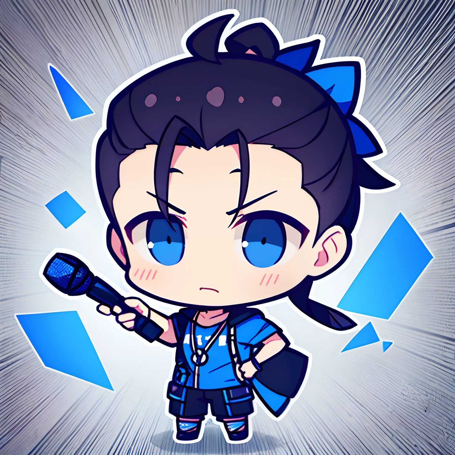 1guy,chibi,wearing a blue headphone,man bun hair ,holding a microphone,black hair,showing forehead,concept art,simple flat background