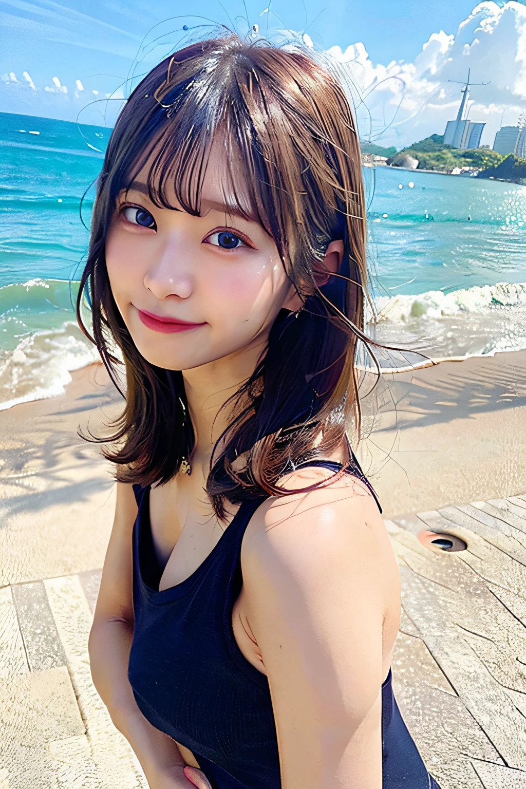 Real、Women's 1、sleep、sit、clear、I have bangs.、Age 25、Mature、Medium Breast、sex appeal、Glowing Skin、((Highest quality, In 8K, masterpiece:1.3)), smile、Floral swimsuit、bikini、Beach、Ocean、Brown haired、(Blunt bangs:1.2)、、Maintain the original face proportions、Broad shoulders、Brown haired、Floating Hair、Lips、lipstick、誘惑的なsmile、Perm Hair、Floating Hair、Bright sunshine,Refreshing sky
