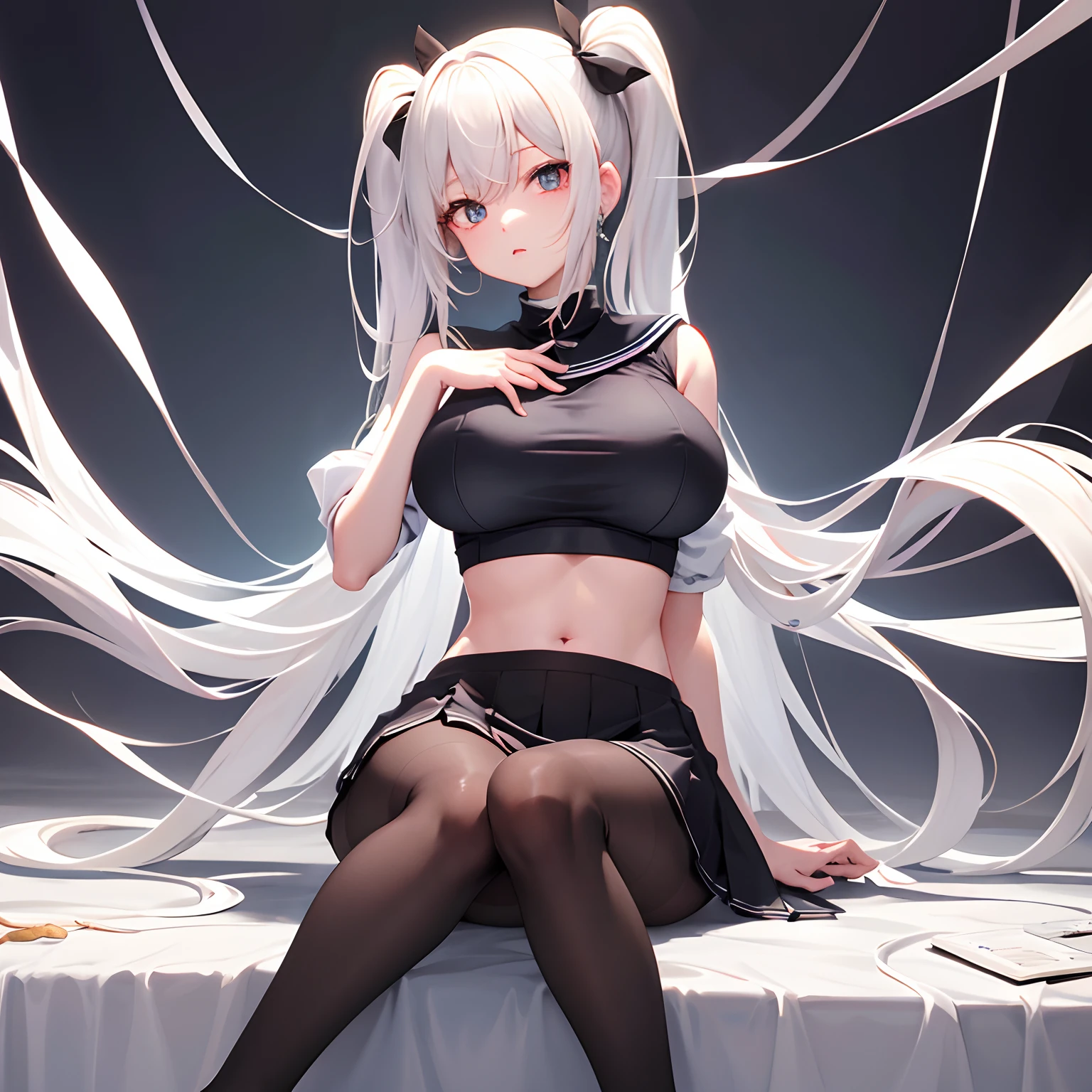 Solo、1girll、doll-joints、full-body portraits、Black pantyhose、Sitting down、White-colored skin、huge tit、Double ponytail、whaite hair、Heterochromatic pupil、Student uniforms