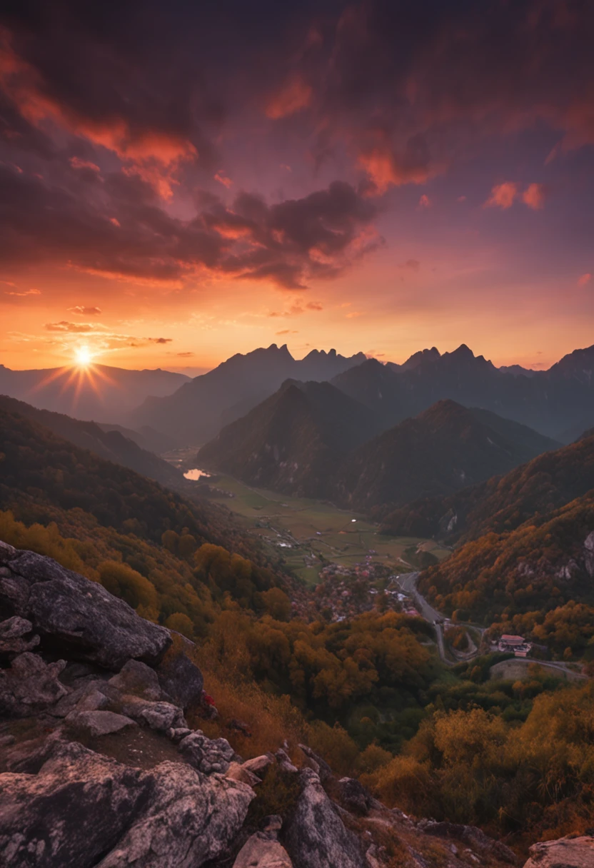 "Man on the rock, Valley at sunset, 8 km Ultra HD. filling of the view, sunraise/late sunset, mountains and sunset!!, Sony Alpha 9 shooting, sunset panorama, Shot with Sony A7R camera, As night fell, during dawn, The setting sun at dusk, Faraway view"。