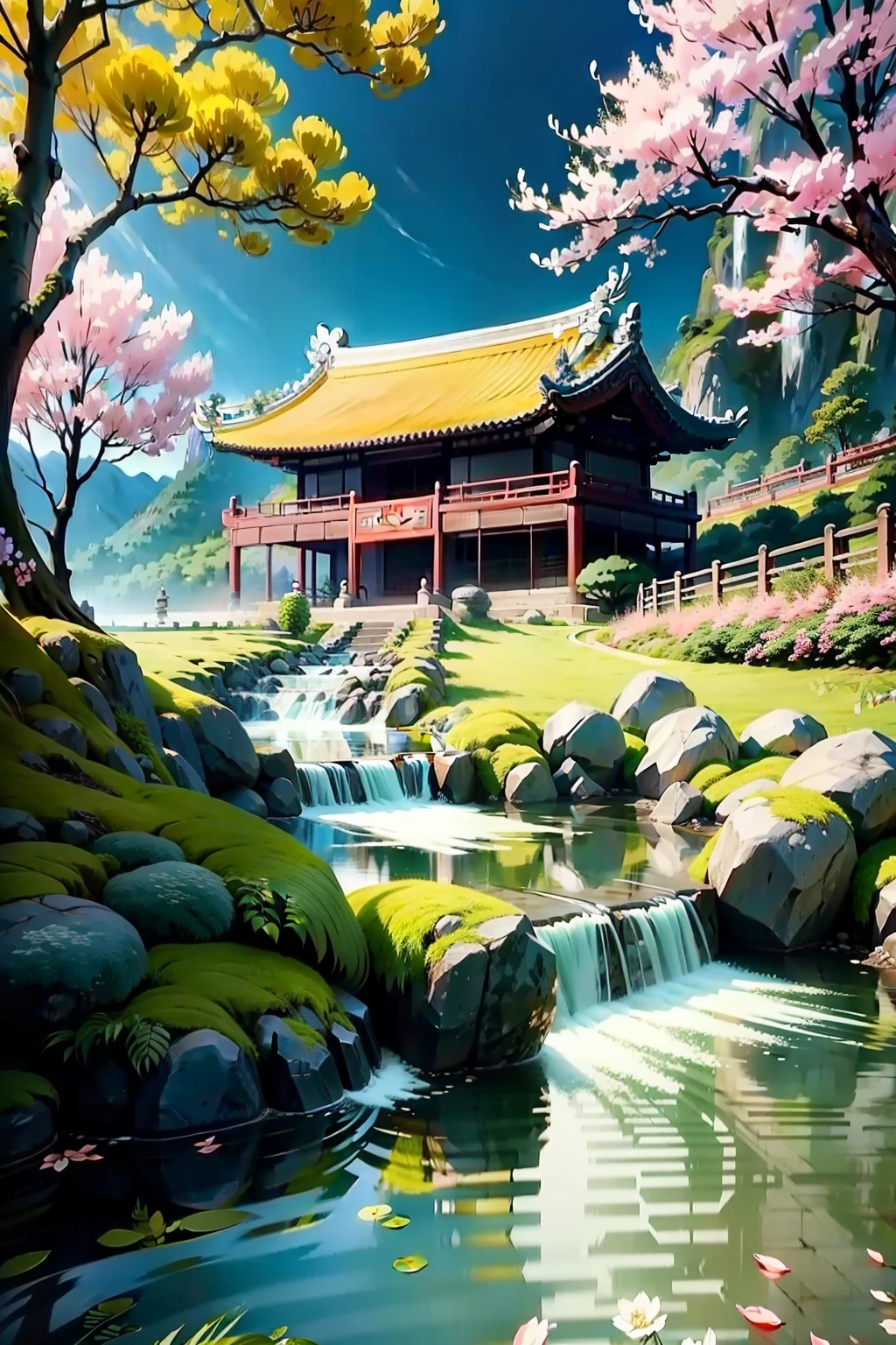 Chinese Ancient Architecture，cold shades，and the sun was shining brightly，bamboos，Town，steins，Rockery，archs，nooks，the trees，flowingwater，scenecy，exteriors，waterfallr，grassy fields，Rochas，dense fog，（illustratio：1.0），Epic composition，high definition detail，tmasterpiece，The best quality，（非常详细的 CG 统一 8k 壁纸）.0 --v 6