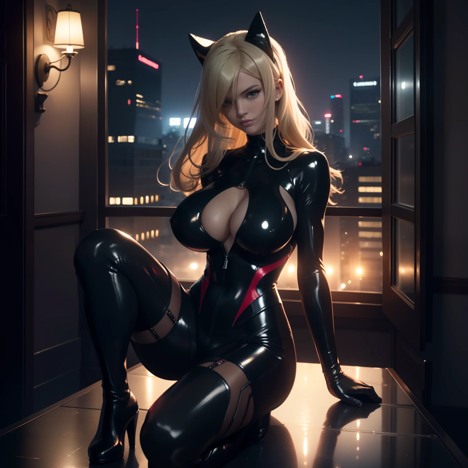 Black, Latex, Rubber, Full Length Suit, Full Body Suit, Zentai, Zentai Suit, Boots, High Heels, Gloves,
Female Model, Beauty, Beautiful Woman, Blonde, Blonde Hair, Photorealistic, Realistic, Best Quality, Slim Body, Big Tits Ditto, Big Boobs, Big Breast, Best Lighting,
(5 Star Hotel Background), (Beautiful night view from the window)
(Detail:1.1), Extremely normal hands, Extremely normal legs,
HDR (High Dynamic Range), NVIDIA RTX, Hyper-Resolution,
Depth of Field, Low ISO, White Balance, 8K raw data