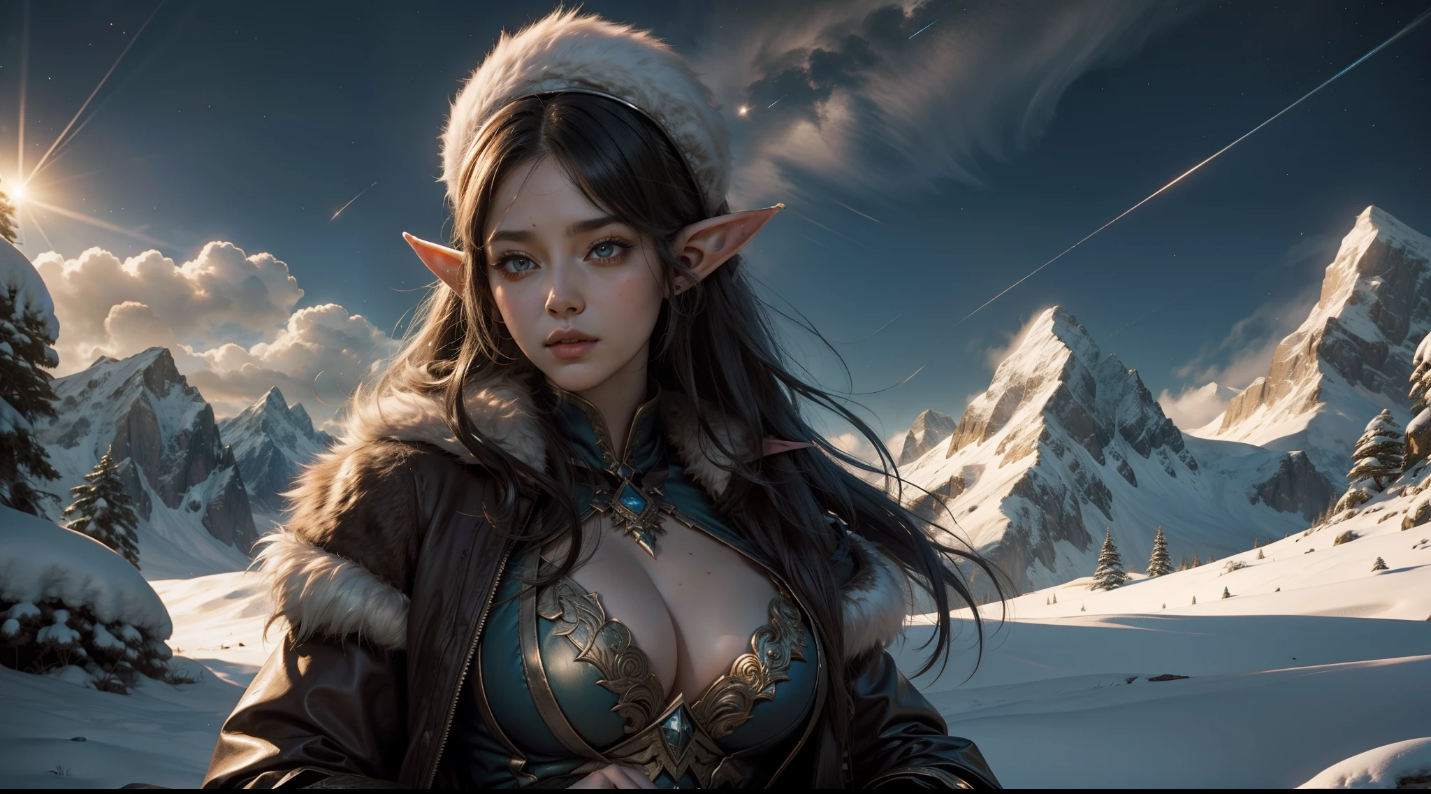 Female elf,Large breasts,upperbody shots,dramatics,dynamicposes,Heavy fur clothes,Snow-capped mountains in the background,starrysky,meteors,magia