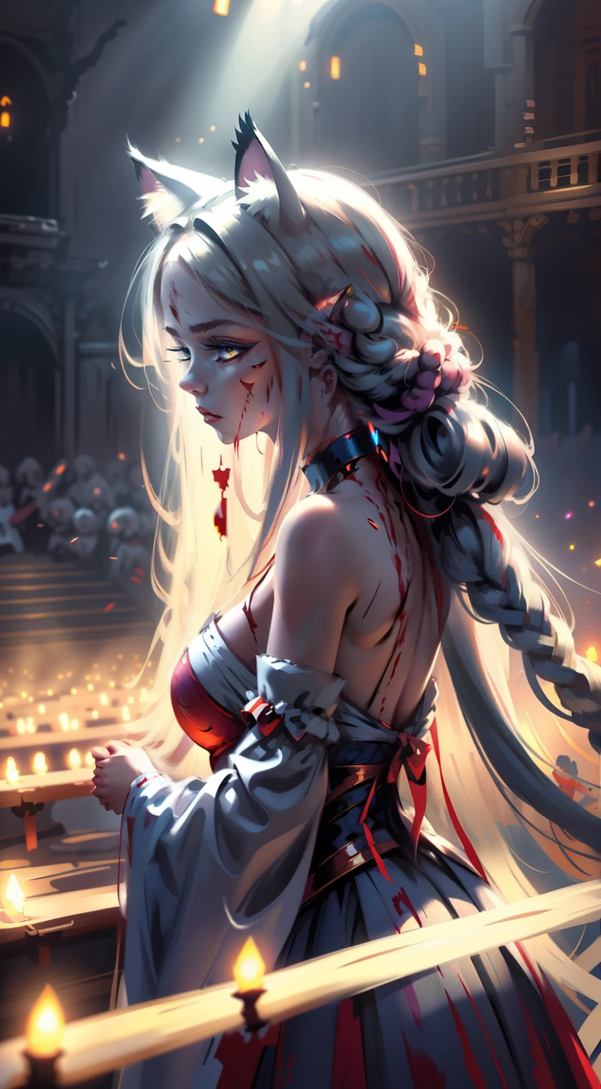s girl,Cat demon,(Cat ears),long whitr hair,Glowing eyes,luminous hair,facing away from the audience,There is a scar on the back,blood stain,closeup of face,(Light silk),(Glazed tulle),(Subtle warm light),(richcolors),Movie special effects,Lazy,Blood,Freehand masterpiece,ultra - detailed,Epic composition,high qulity,HighestQuali,4K。
