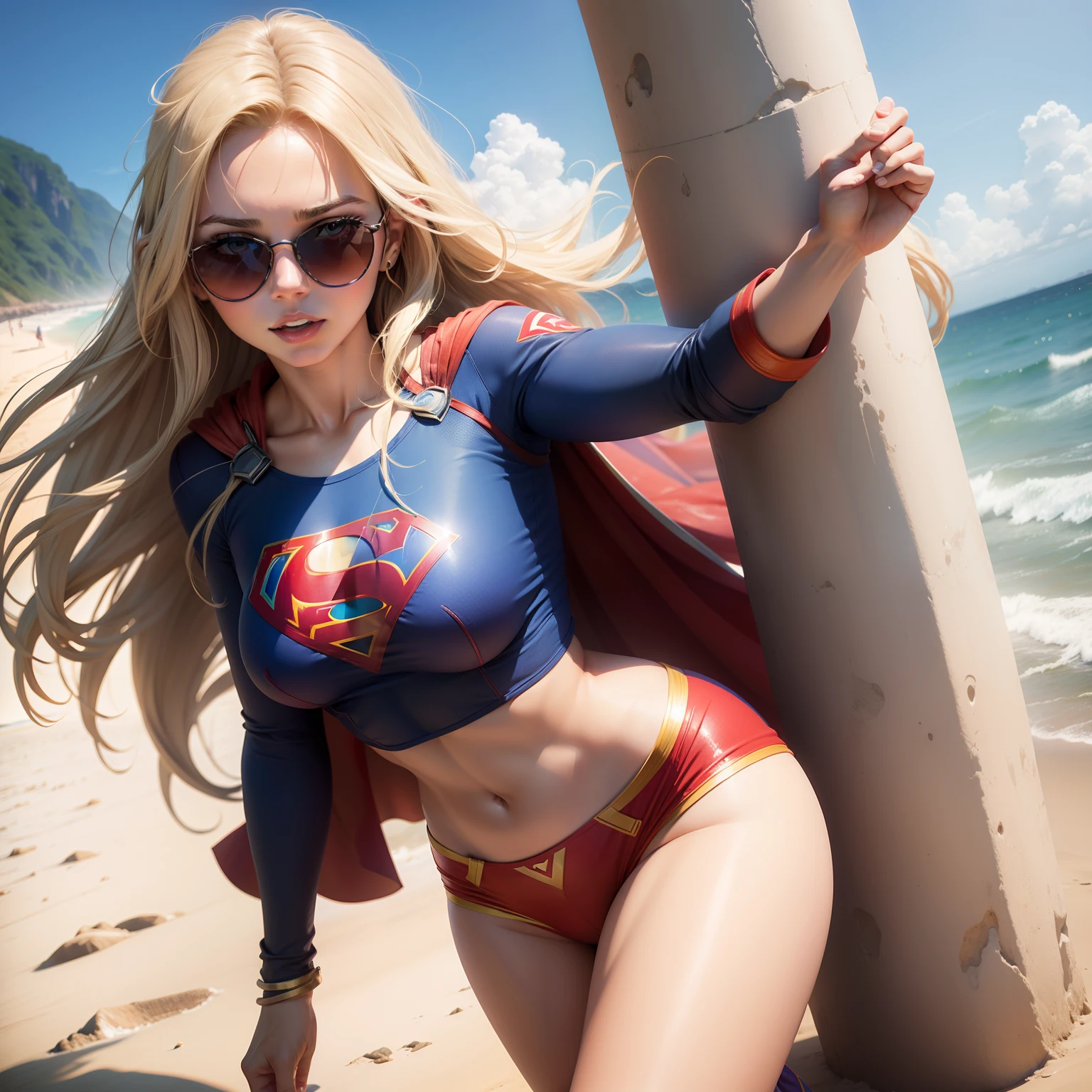 A supergirl na praia em um dia ensolarado, wearing a sunglasses, o dia esta bem enrolarado e tem outras pessoas ao fundo