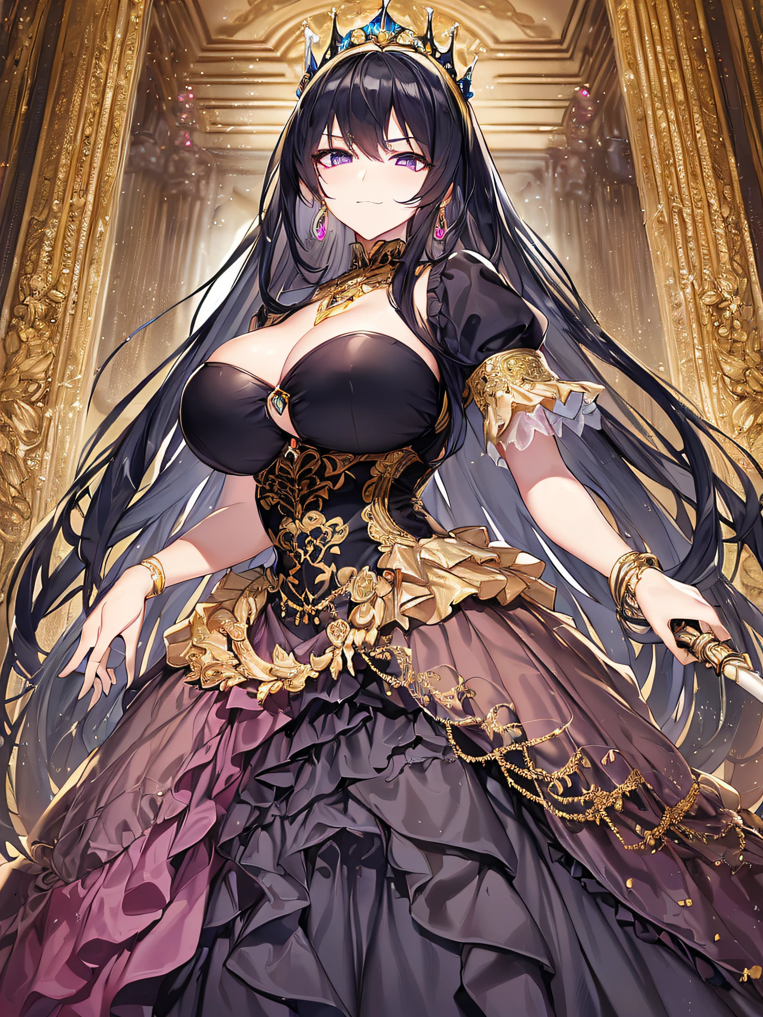 ((anime artstyle)),(Masterpiece),(Best Quality), (Super Detail),((Very Delicate and Beautiful)),(((Solo))),((full body portrait)),((1 arrogant queen in beautiful embroidery black and gold gorgeous rococo princess ballgown with Fluffy full length hoop skirt)),gold trim,((crinoline)),gorgeousfull embroidery,Long train((arrogant,haughty)),(((arrogant smile))),Sharp eyes,(standing in the royal palace,holding a luxurious scepter),sunlight,((gorgeous gemstone jewelry)),detailed face and eyes,jewel-like eyes,Purple eyes,(Bangs between eyes),((large amount of straight hair,extremely Long voluminous black Hair)),((gigantic tits,Long tits)),gorgeousfull embroidery,cleavage,extremely gorgeousfull hair ornament,(bling-bling extremely gorgeousfull jeweled tiara),gorgeous corsage,(Dynamic Angle),Looking at viewer,(full body)),((beautiful embroidery black and gold gorgeous rococo princess ballgown with Fluffy full length hoop skirt))