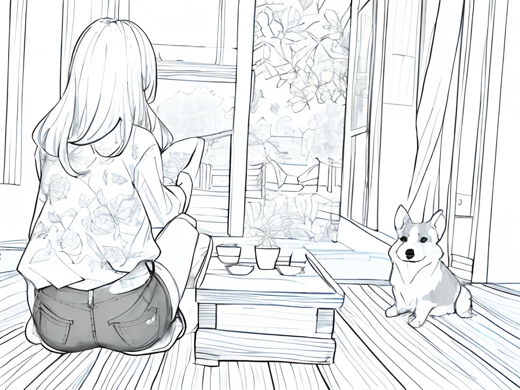 A beautiful girl sitting on the ground,with her back to us. She has long, floated hair,Wear a pink sheer short-sleeved shirt, As well as denim shorts. Next to her sits a cute corgi,Masterpiece, Acura, 1girll, 独奏, Hanfu, Long hair, profile close-up view, The background for drawing the flower line, white backgrounid, monochrome, Line drawing, ((Sketch))