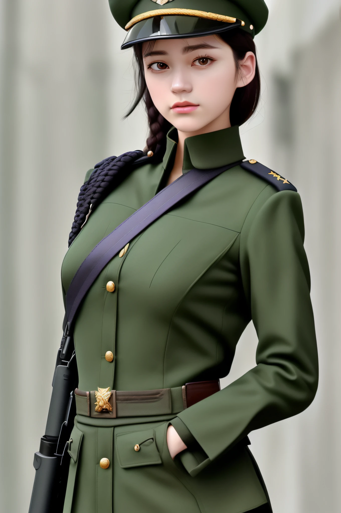 Very detailed CG unity 8K wallpaper，（tmasterpiece），（best qualtiy），（ultra - detailed），（Ultra photo realsisim），（best character detail：1.36），Nikon D750 f / 1.4 55mm，profesional lighting， physically-based renderingt, 1girll, Female soldier，army suit，Dark green military uniform，Fabric texture military uniform，（（（Headband with officer's hat））））（((Hanging gun：1.2)），Pure white lining，Dark green tie，Black hair，the golden ratio,[:(com rosto detalhado:1.2):0.2]:,PureErosFace_V1, broad shoulder,,(big assa:1.5)，Soaked with sweat，red flags，In the square，Splendid scenery，bright sun，upper body photos，Place your hands on your chest，（（（Fighting posture：1.8））），（（（Collar：1.2））），（（（Wearing a military cap：1.2）））,Perfectcomposition,