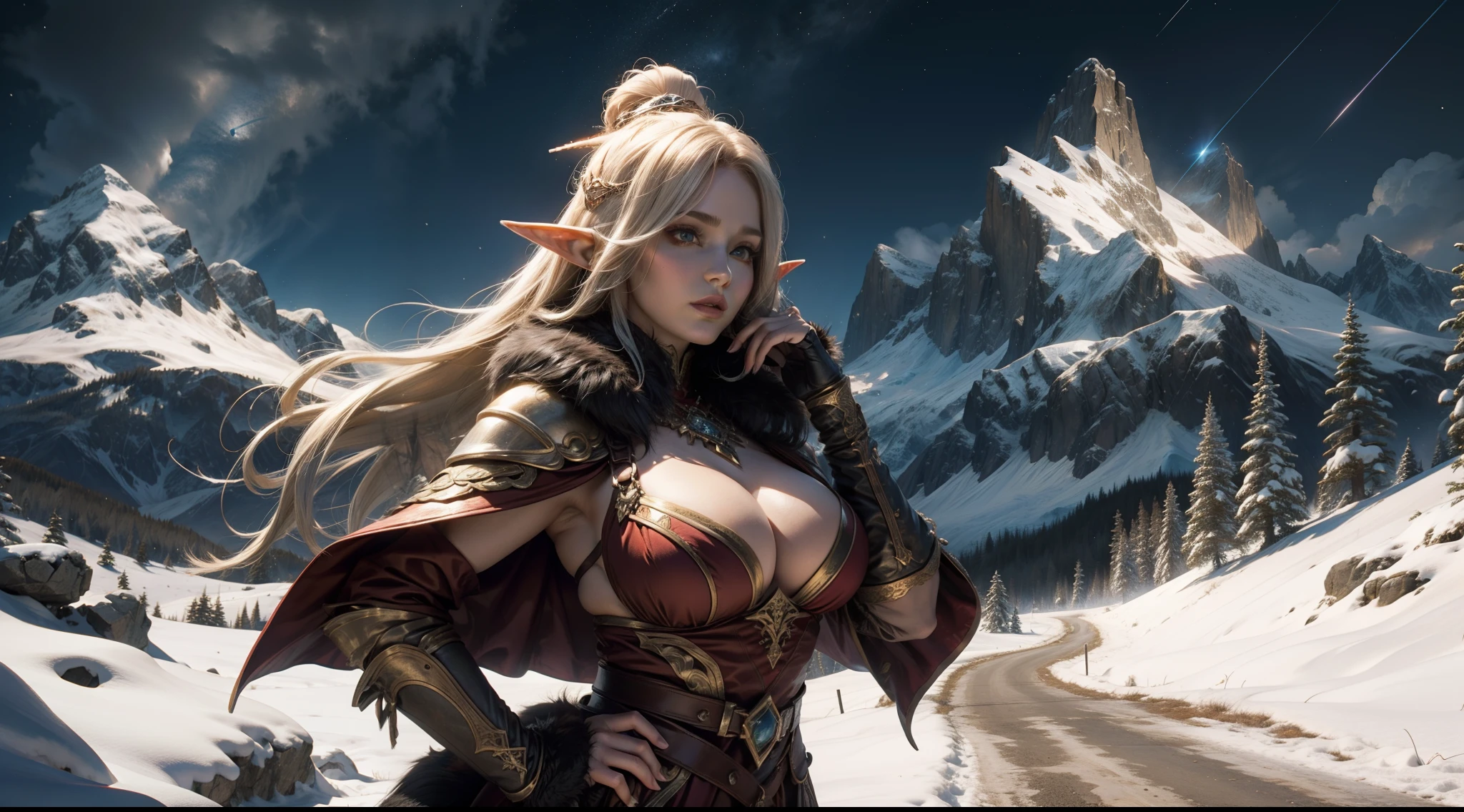 Female elf,Large breasts,upperbody shots,dramatics,dynamicposes,Heavy fur clothes,Snow-capped mountains in the background,starrysky,meteors,magia