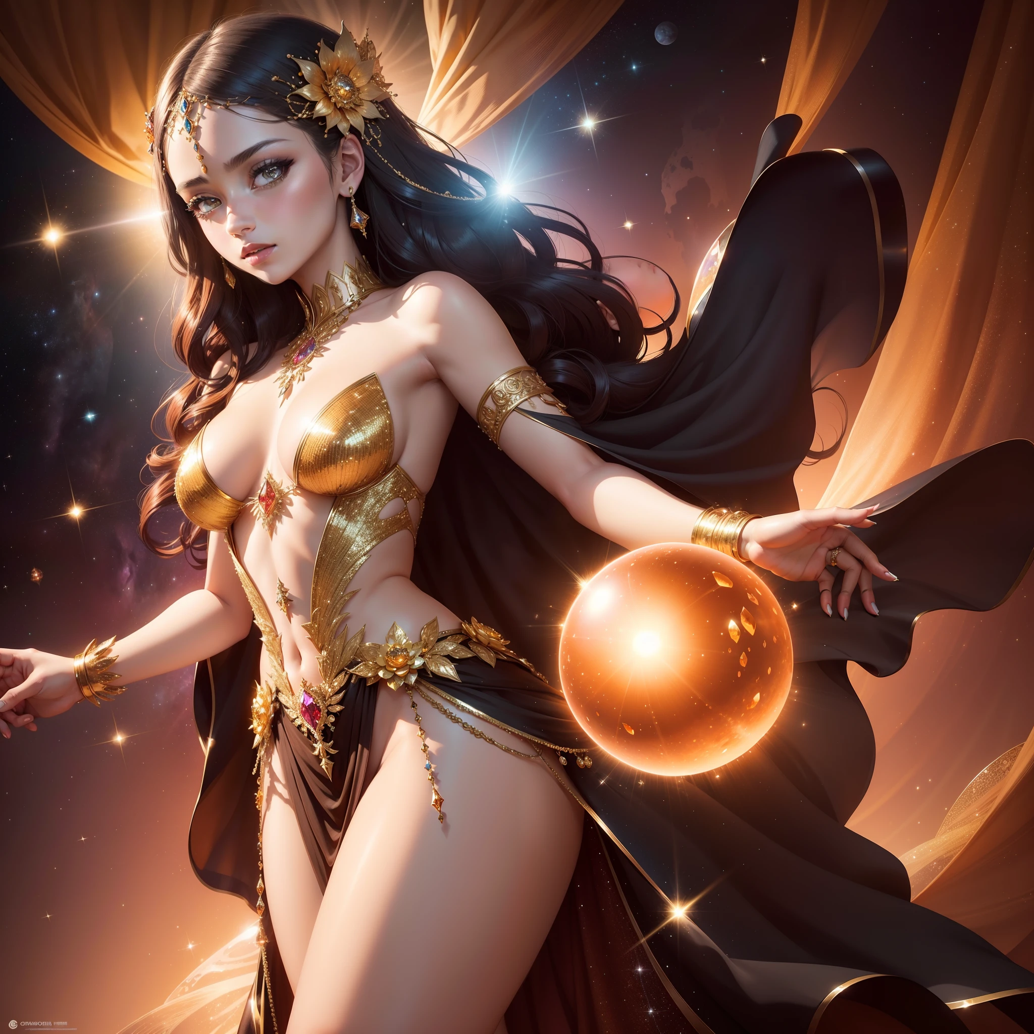 Beautiful metamorphosis of the sun girl, Sequin fabrics, radiance, ornament, glistering, Sequins, crystals, Glow, jewels, amber, Cetrines, Against the backdrop of space, Arnouveau, symmetry, Cinematic, higly detailed, precise proportions