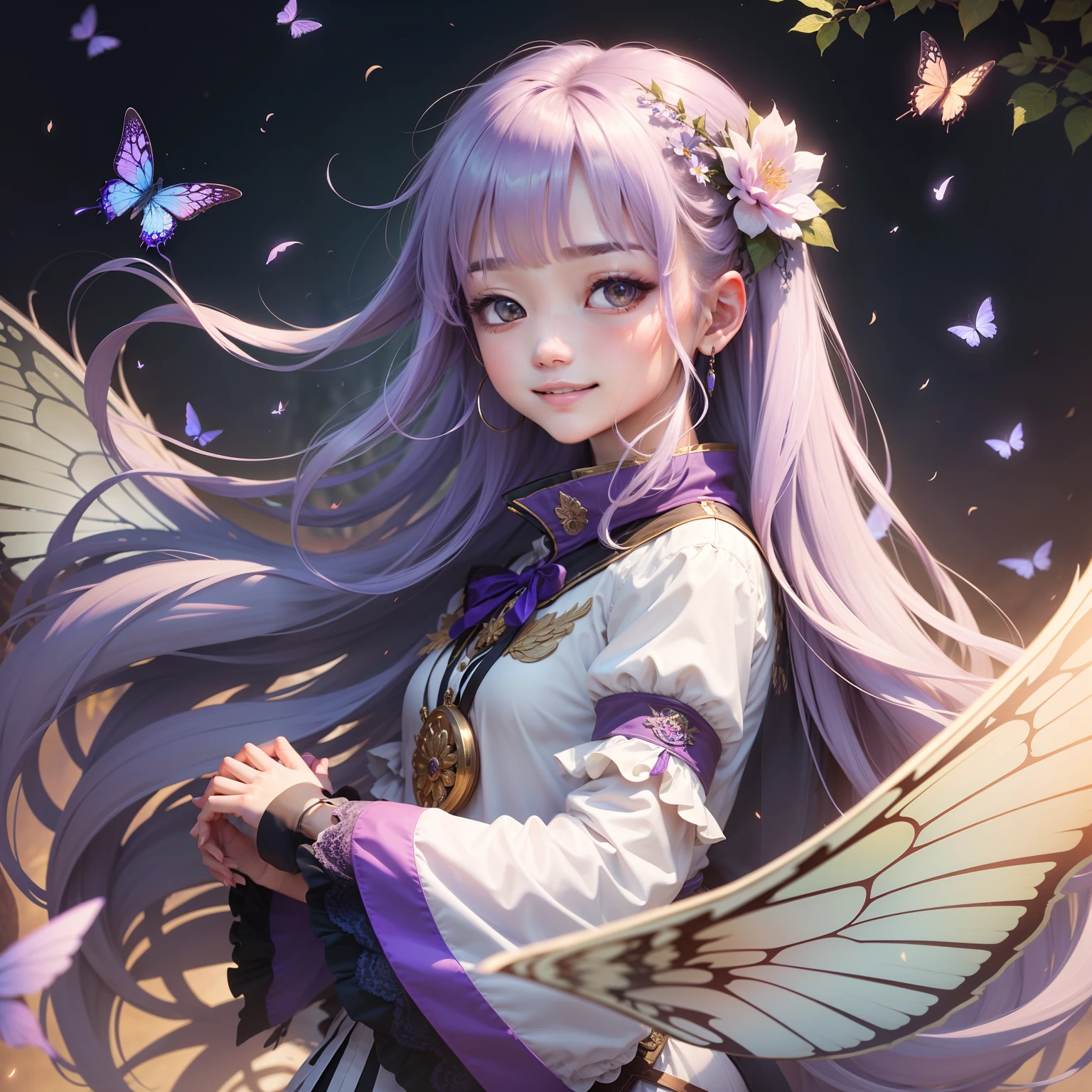 (tmasterpiece、top-quality)、frontage、独奏、1girl in、A smile、long whitr hair、Light purple hair、hair messy、Adult、mistic、strong winds、Butterflies flutter、With wings、In nature、