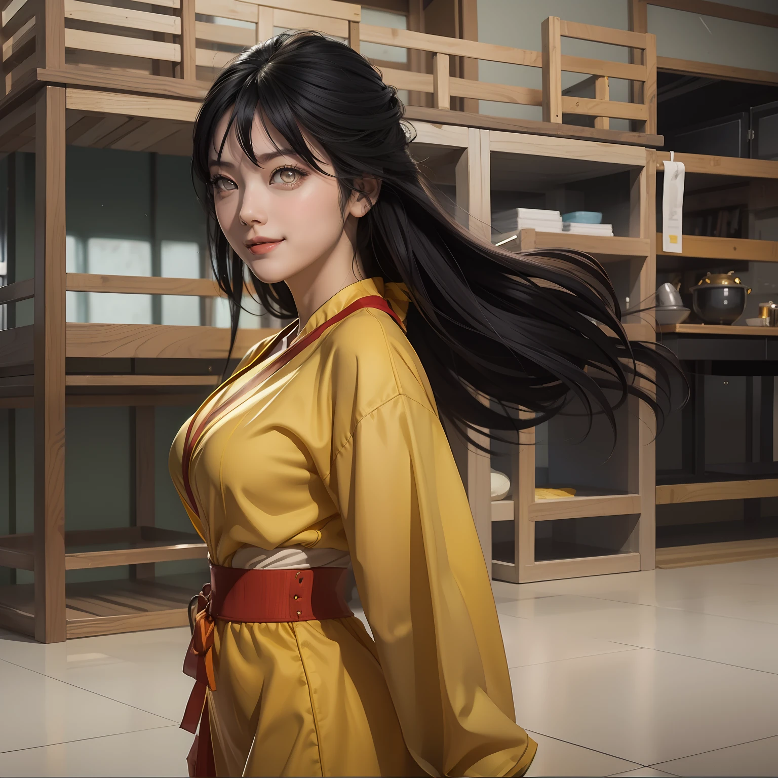 1girl, hyuga hanabi, long hair, sexy dress, black hair, white eyes, smile, beautiful, yellow clothes, very big breast, sexy clothes, indoor wallpaper, wallpaper realistic, wallpaper detail, indoor background, ultra detail, realistic