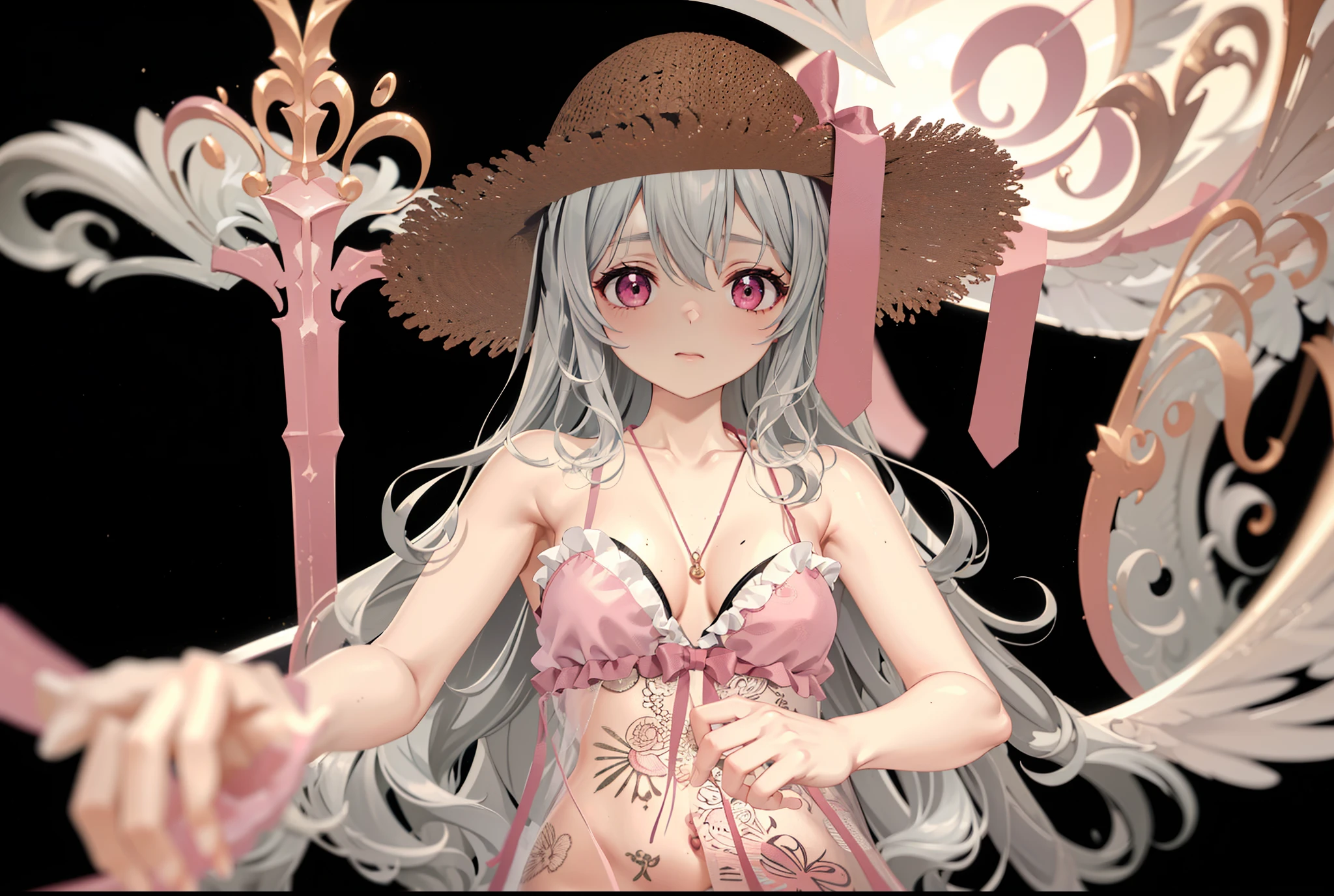 ((Best quality)), ((Masterpiece)), ((Ultra-detailed)), (illustration), (Detailed light), (An extremely delicate and beautiful),A charming young girl,Pink swimsuit,Straw hat top,Swimming,scythe