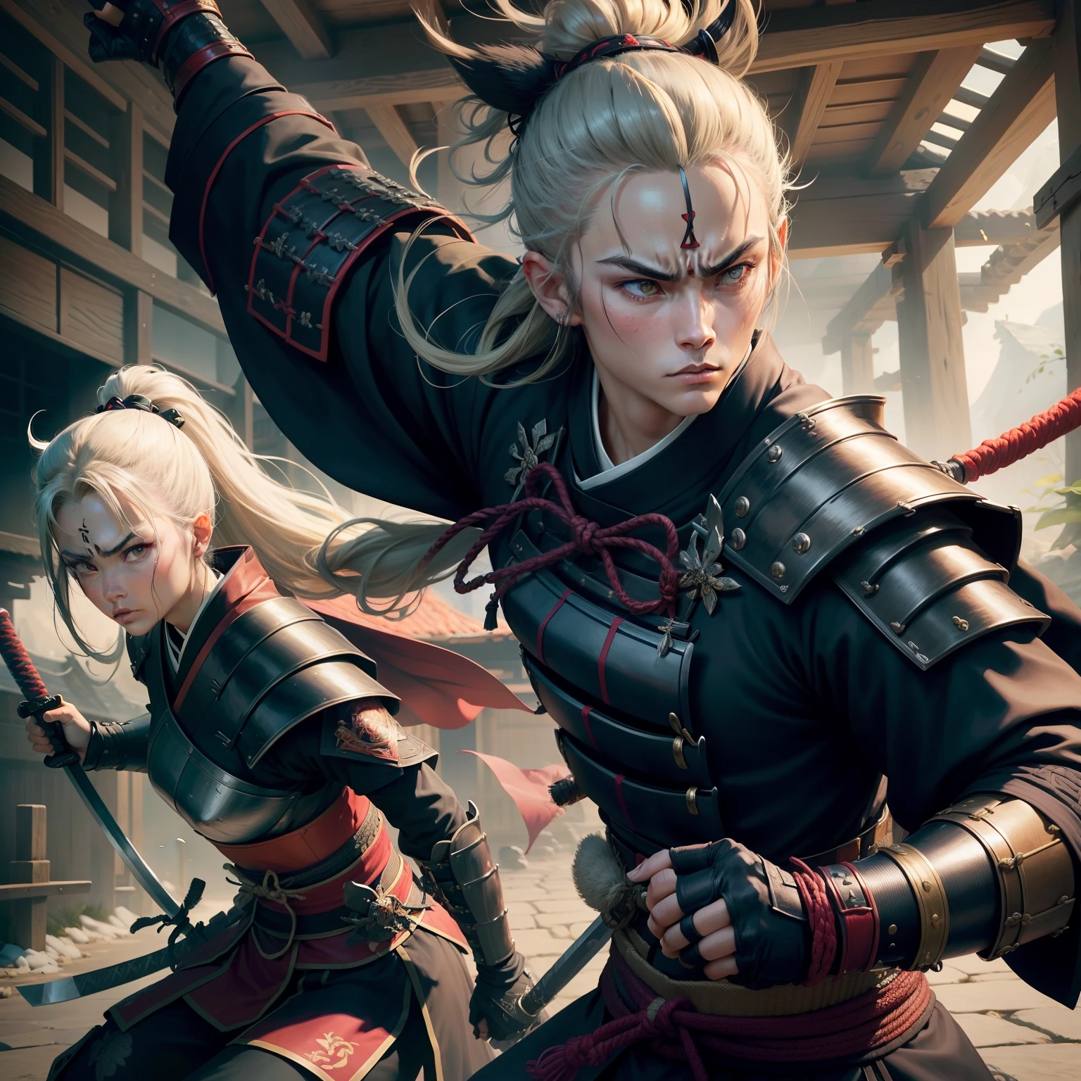 c4ttitude, samurai, vigilant, Yeux en amande, furrowed brow, fourrure lisse, guerrier, disciplined, focused, Armored kimono, Guarded cover, acier, pattes griffues, Katana, feudal Japan, rue, honorer, duel, Confrontation scene,