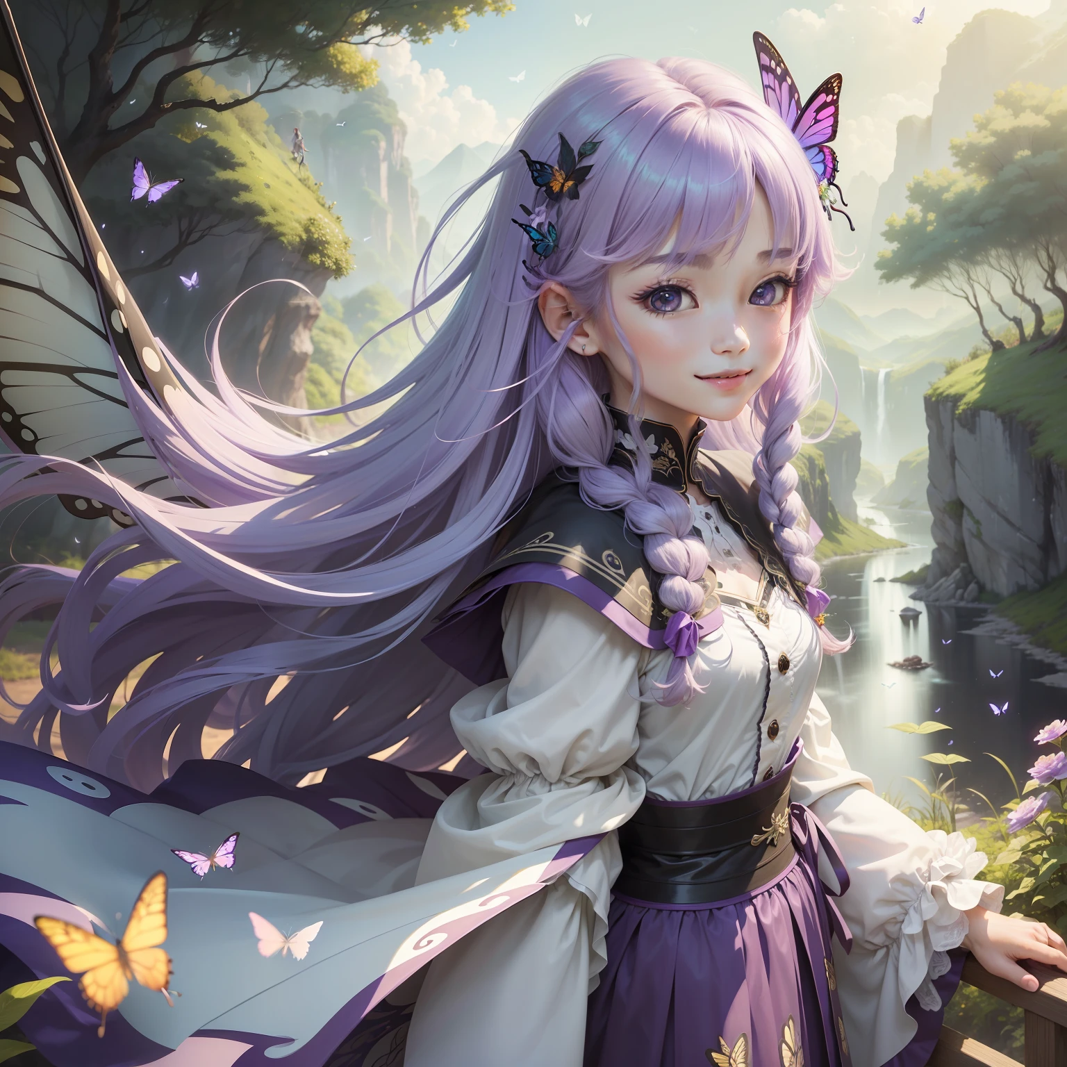(tmasterpiece、top-quality)、frontage、独奏、1girl in、A smile、long whitr hair、Light purple hair、hair messy、Adult、mistic、strong winds、Butterflies flutter、With wings、In nature、