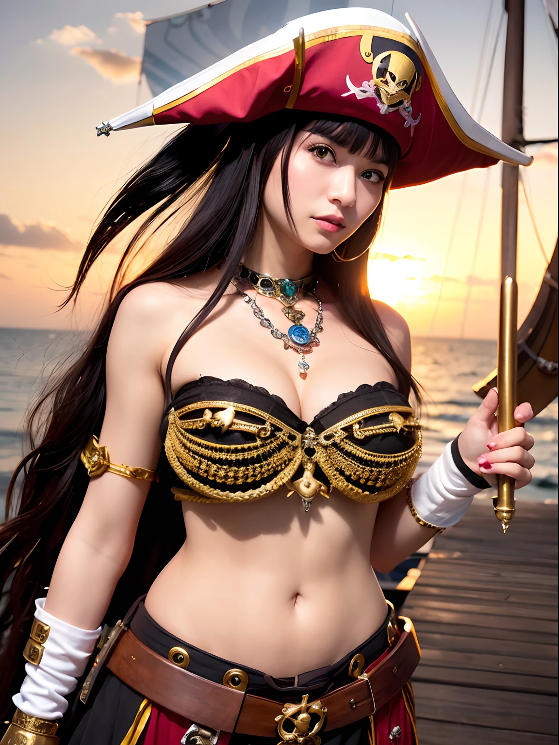 (masutepiece), Professional , masterpiece、top-quality、photos realistic , depth of fields (Gemstone Silver Metal Body:1.9),(Matte White、(Put on a detailed pirate hat)、Jewel Gold Weapon(Jewel Metal Body:1.4),(Gorgeous metal weapons) , Detailed Sword of the Brave , 20 year old girl ,Pirate Ship、warhammer 40k , The port town、adepta sororitas,Detail and ornate jewel crown、Black hair、Pirate Ship、Young Caucasian beauty、1a person、dynamic ungle,(((Detailed and ornate diamond crown)))、Smaller head、A smile、Take a sexy pose、Thin and beautiful female hands、cleavage of the breast、Soldier in iron armor on background、A port city with a view of the sea、Pirate Ship、