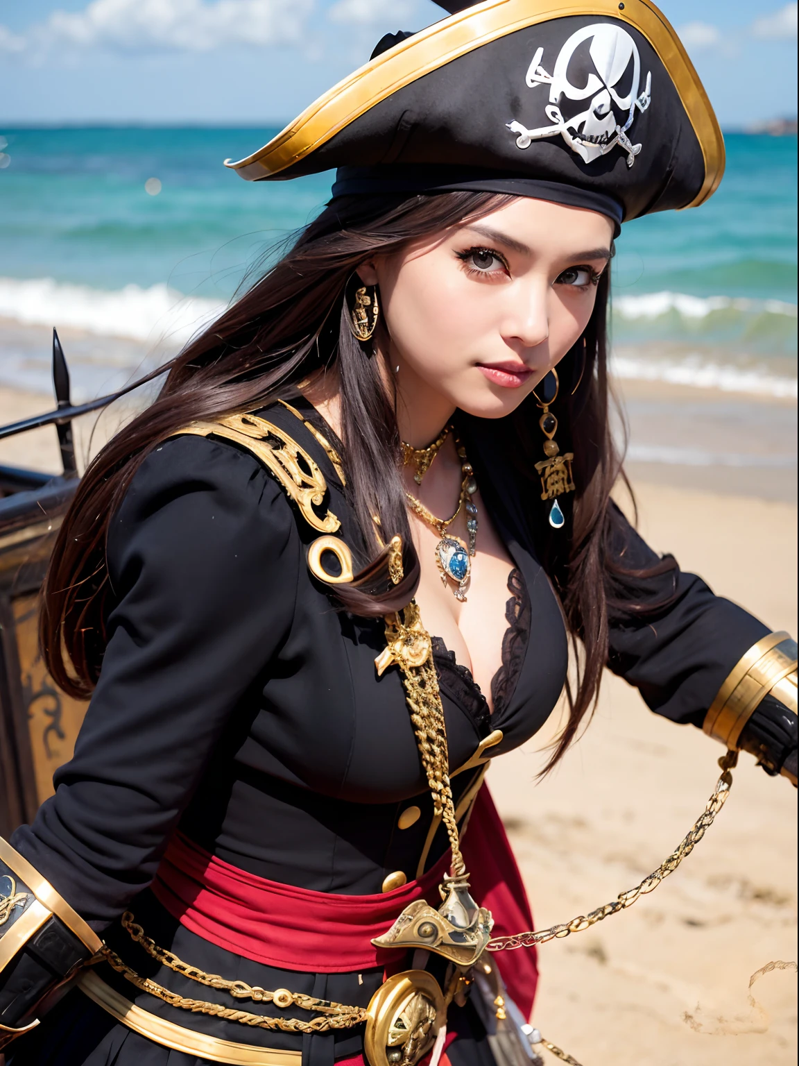 (masutepiece), Professional , masterpiece、top-quality、photos realistic , depth of fields (Gemstone Silver Metal Body:1.9),(Matte White、(Put on a detailed pirate hat)、Jewel Gold Weapon(Jewel Metal Body:1.4),(Gorgeous metal weapons) , Detailed Sword of the Brave , 20 year old girl ,Pirate Ship、warhammer 40k , The port town、adepta sororitas,Detail and ornate jewel crown、Black hair、Pirate Ship、Young Caucasian beauty、1a person、dynamic ungle,(((Detailed and ornate diamond crown)))、Smaller head、A smile、Take a sexy pose、Thin and beautiful female hands、cleavage of the breast、Soldier in iron armor on background、A port city with a view of the sea、Pirate Ship、