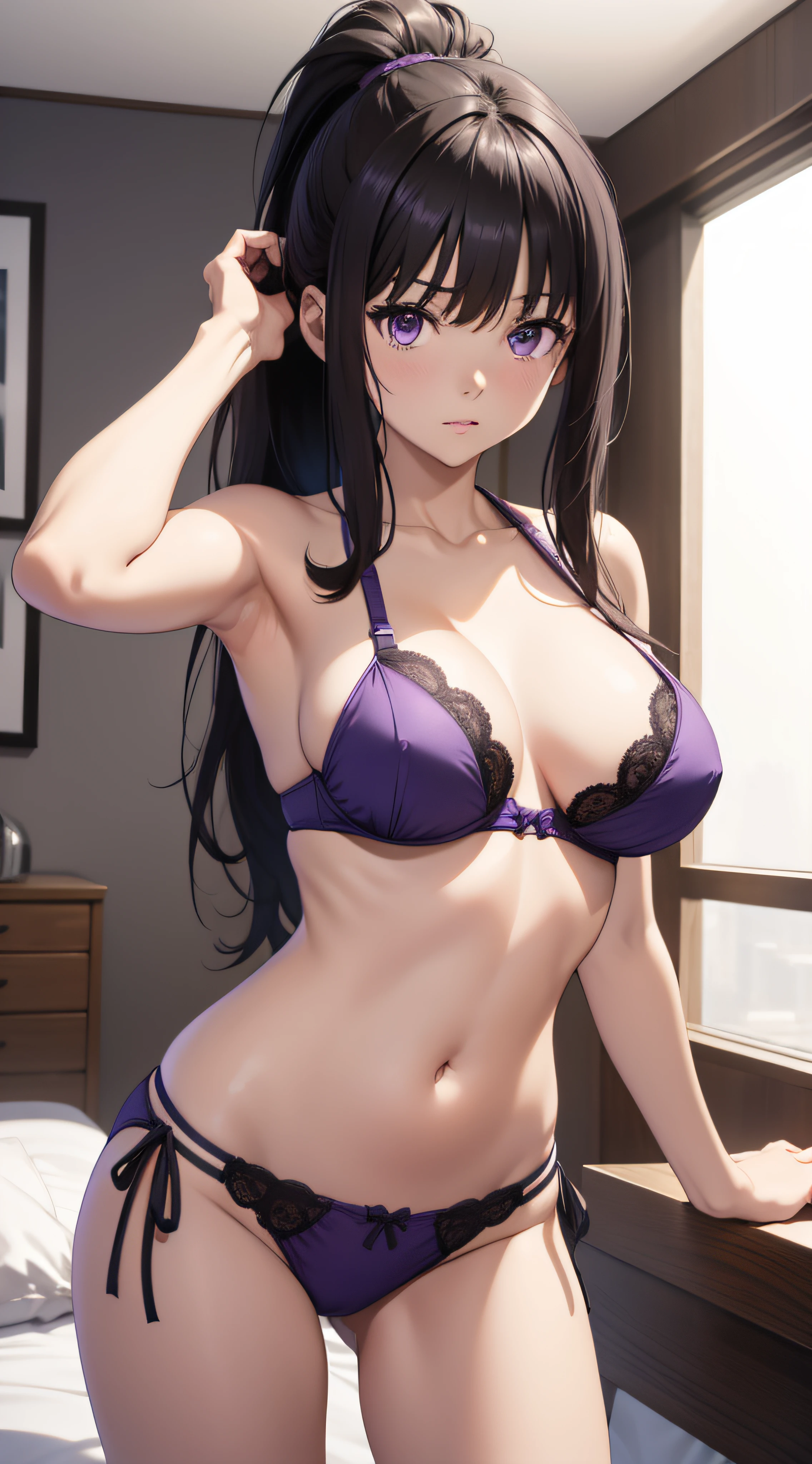 (masterpiece, best quality),Inoue Takina, Long hair, Bangs, Black hair, ponytail, (Purple eyes:1.2), big breasts, bikini, bra, panties, indoor, bedroom, dynamic pose