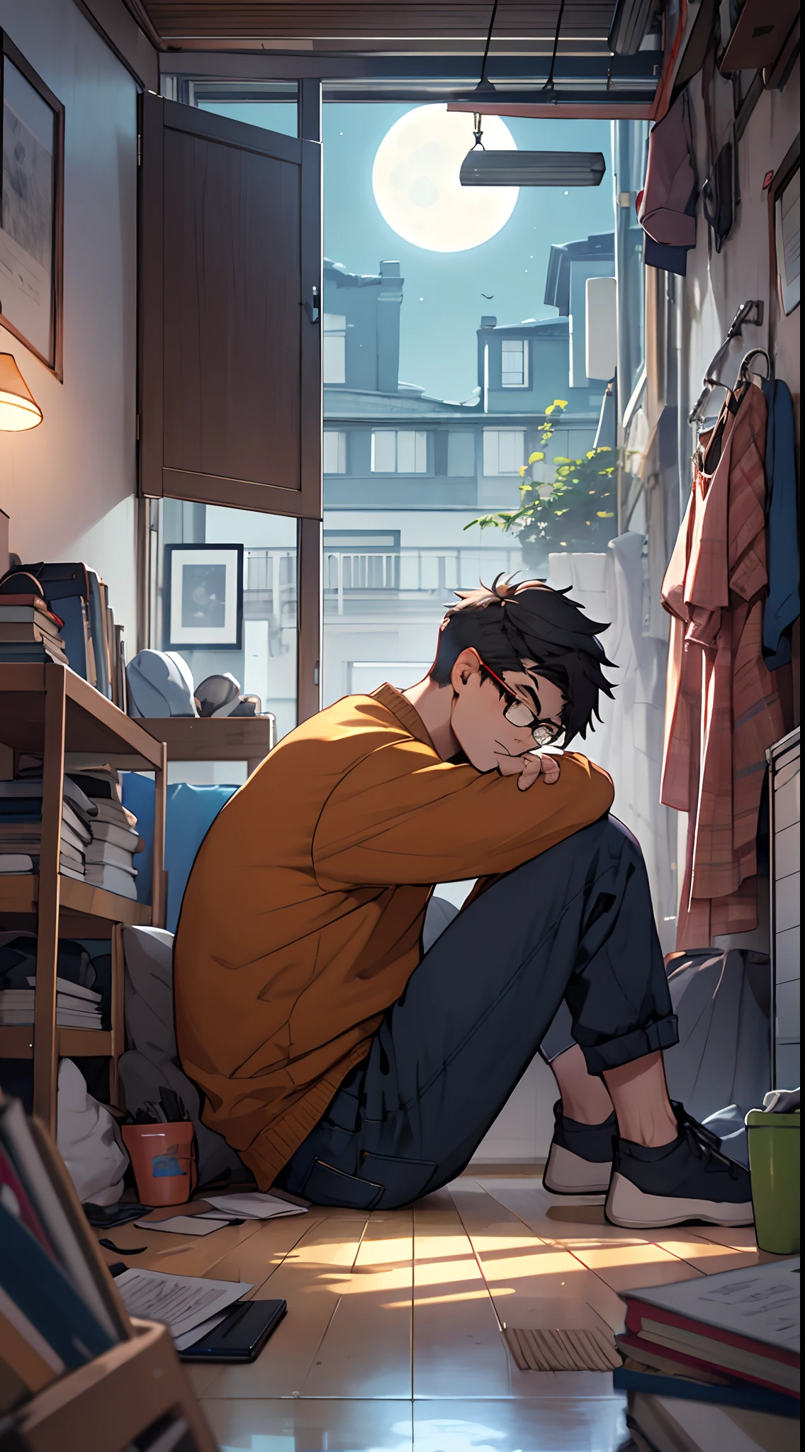 "In a cozy apartment, The handsome Sven boy with glasses、Sitting on the ground eagerly to learn knowledge, I can see the moon from the window."