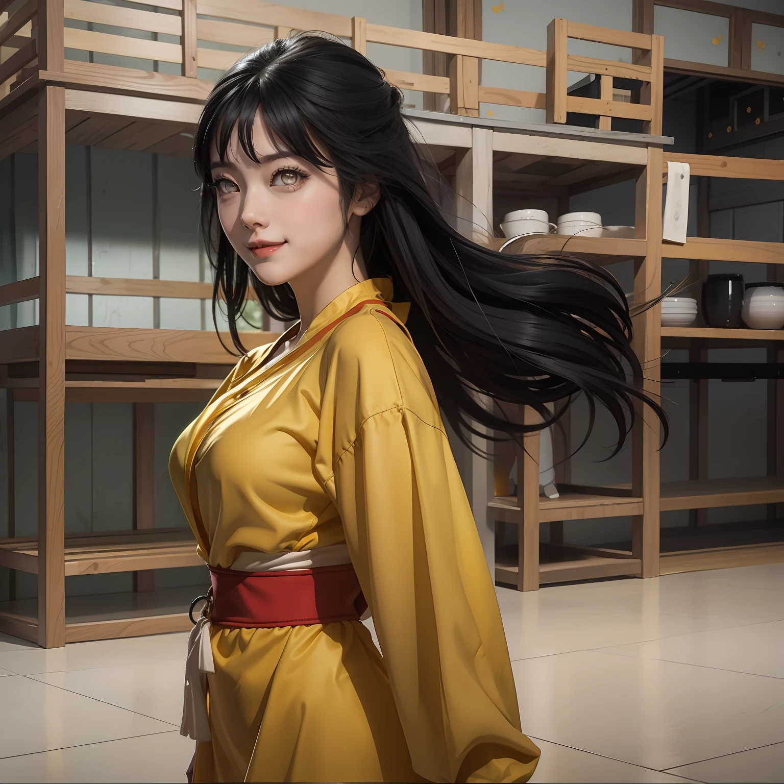 1girl, hyuga hanabi, long hair, sexy dress, black hair, white eyes, smile, beautiful, yellow clothes, very big breast, sexy clothes, indoor wallpaper, wallpaper realistic, wallpaper detail, indoor background, ultra detail, realistic