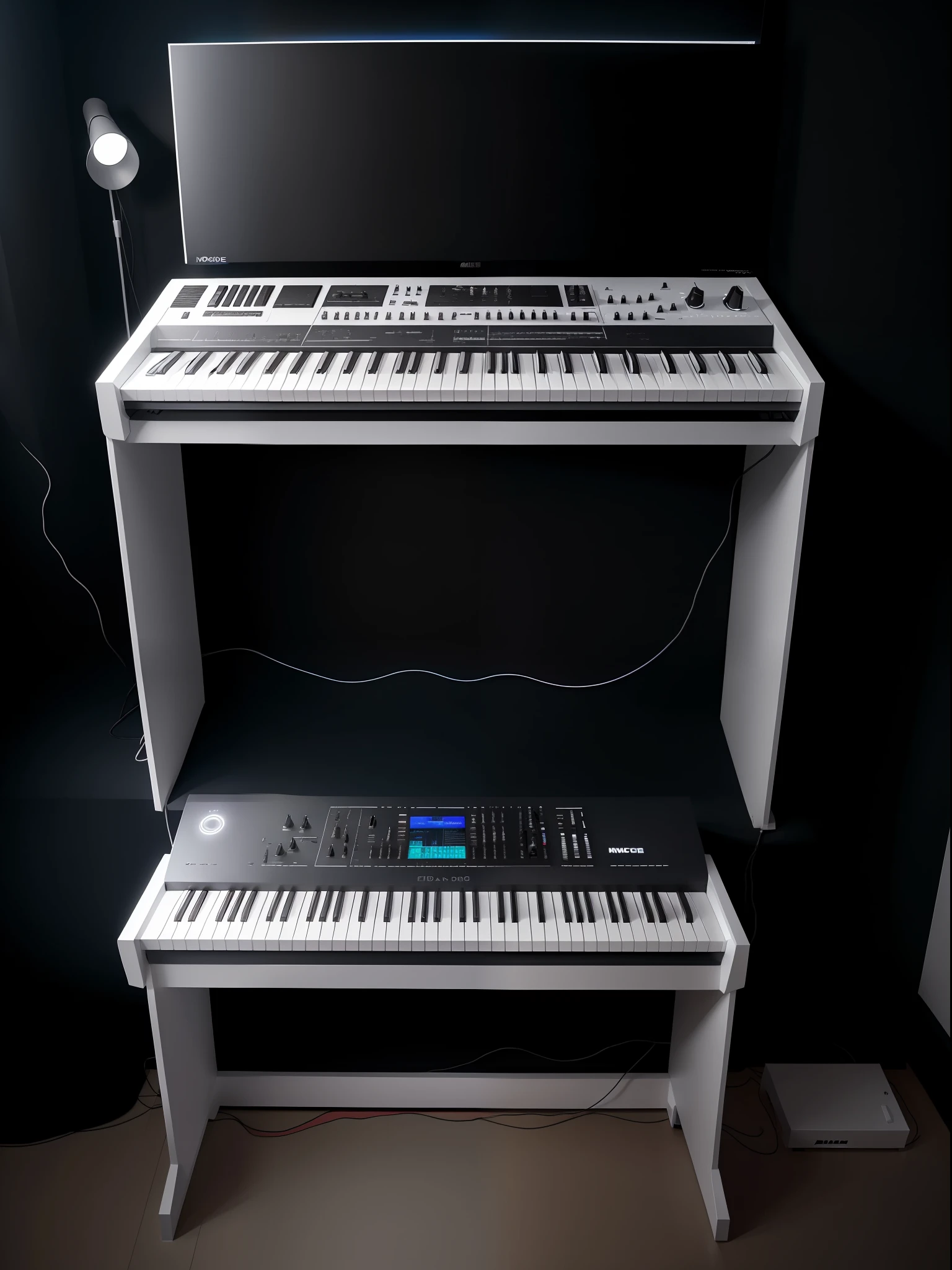 White Room、White synthesizer , roland , Korg , Waldorf , masutepiece, top-quality, in 8K , intricate detailes, ultra-detailliert , light Particle、32K Digital Paint, Hyper-Realism,