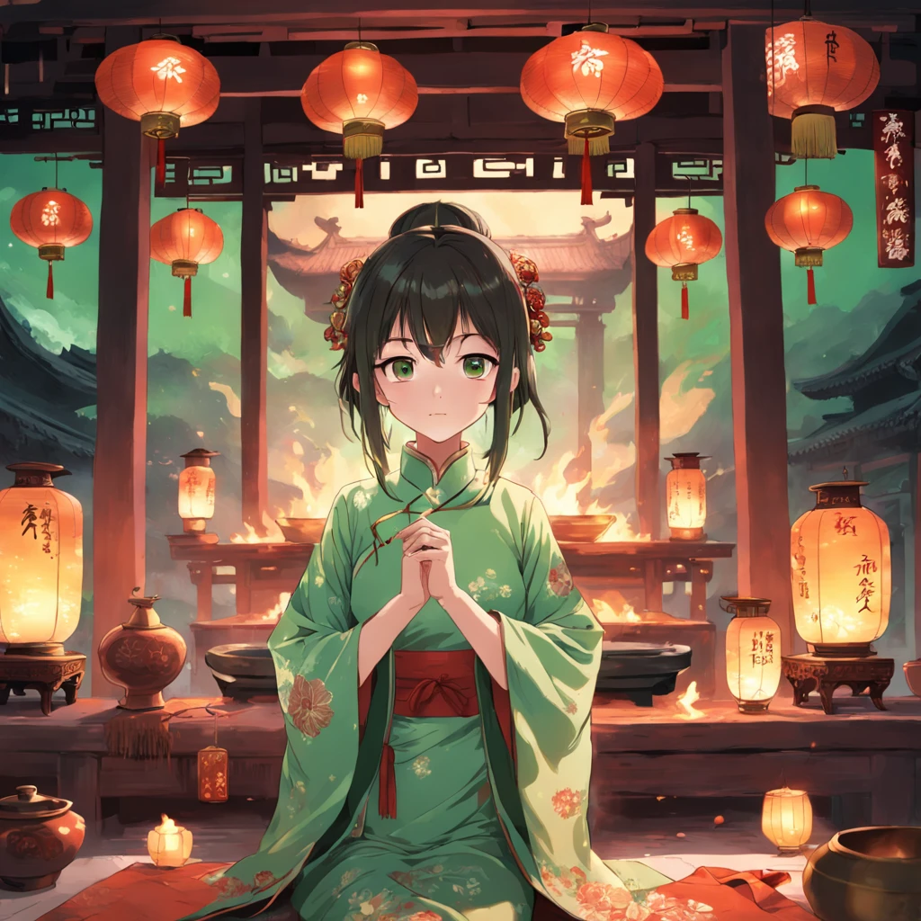 best qualtiy,tmasterpiece,style of anime,Female students in the Republic of China wear light green cheongsam,She boils a pot of tea in front of a stove,Several altars of wine were placed on the table next to it。the night,Lanterns in the room。