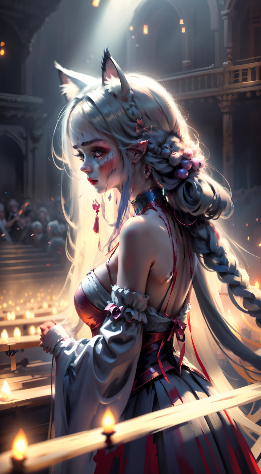teens girl,Cat demon,(Cat ears),long whitr hair,Glowing eyes,luminous hair,facing away from the audience,There is a scar on the back,blood stain,closeup of face,(Light silk),(Glazed tulle),(Subtle warm light),(richcolors), special effects,Lazy,Blood,Freehand masterpiece,ultra - detailed,Epic composition,high qulity,HighestQuali,4K。