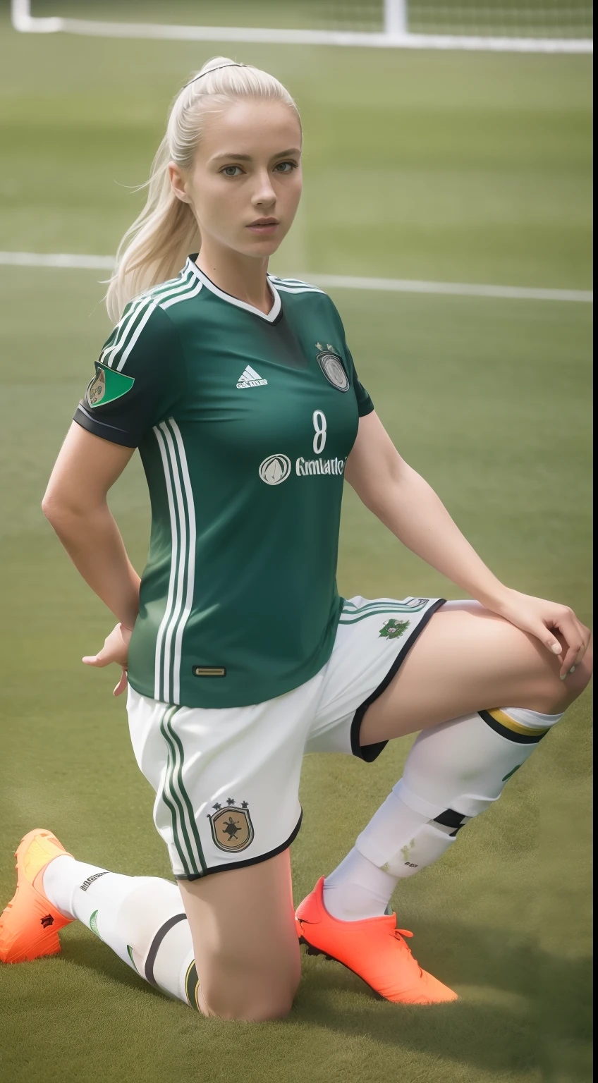 ((full body)), (8K, Best Quality, masterpiece), (Realistic, Photorealsitic), of the highest quality, masterpiece, Beautuful female, adult female, German Female, (((Germany national soccer uniform))), (((green uniform))), (((white short pants)))(((in the soccer field))), Small bust, slender, wavy blonde hair,