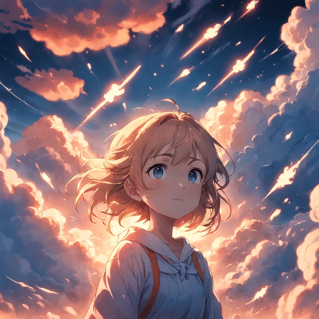 masterpiece, best quality, movie still, 1girl, cloud girl, floating in the sky, close-up, bright, happy, warm soft lighting, sunset, (sparks:0.7)