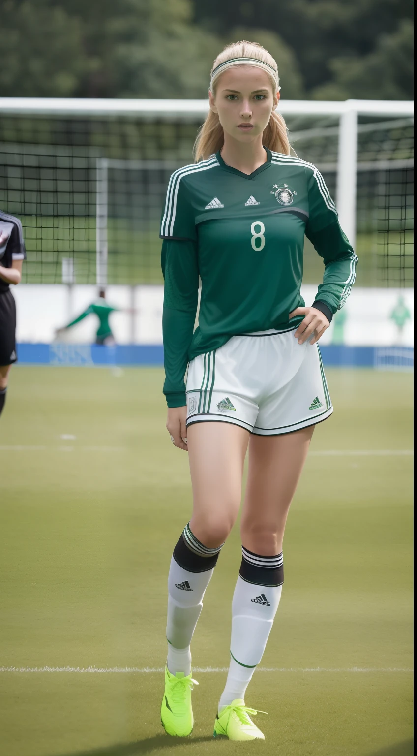 ((full body)), (8K, Best Quality, masterpiece), (Realistic, Photorealsitic), of the highest quality, masterpiece, Beautuful female, adult female, German Female, (((Germany national soccer uniform))), (((green uniform))), (((white short pants)))(((in the soccer field))), Small bust, slender, wavy blonde hair,