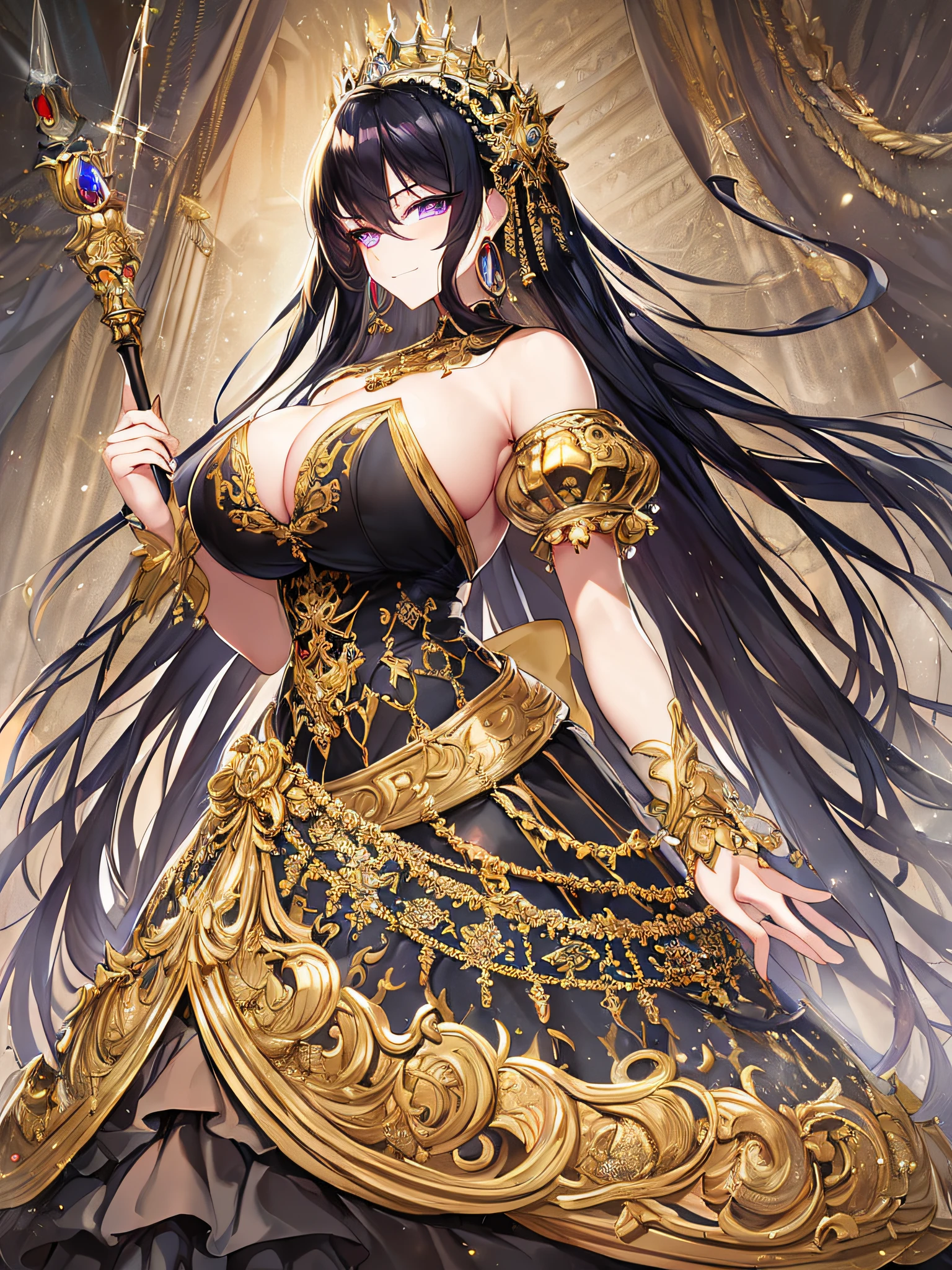 ((anime artstyle)),(Masterpiece),(Best Quality), (Super Detail),((Very Delicate and Beautiful)),(((Solo))),((full body portrait)),((1 arrogant queen in beautiful embroidery black and gold gorgeous rococo princess ballgown with Fluffy full length hoop skirt)),gold trim,((crinoline)),gorgeousfull embroidery,Long train((arrogant,haughty)),(((arrogant smile))),Sharp eyes,(standing in the royal palace,holding a luxurious scepter),sunlight,((gorgeous gemstone jewelry)),detailed face and eyes,jewel-like eyes,Purple eyes,(Bangs between eyes),((large amount of straight hair,extremely Long voluminous black Hair)),((gigantic tits,Long tits)),gorgeousfull embroidery,cleavage,extremely gorgeousfull hair ornament,(bling-bling extremely gorgeousfull jeweled tiara),gorgeous corsage,(Dynamic Angle),Looking at viewer,(full body)),((beautiful  embroidery black and gold gorgeous rococo princess ballgown with Fluffy full length hoop skirt))