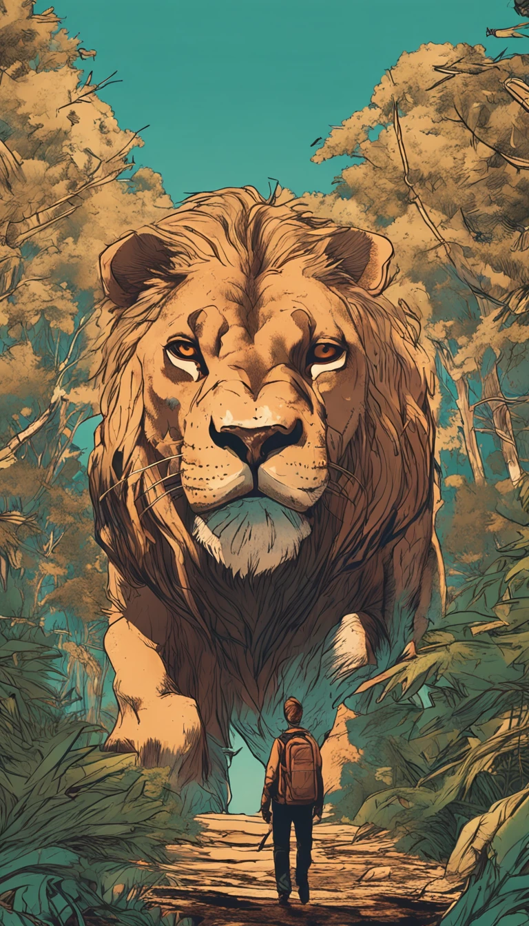 Lucas Bracey, Mann, who chases a wild lion in the middle of the forest , 8K, Foto RAW, (Hochdetaillierte Haut: 1.2), (Herausgestellt: 1.1), (exposed back: 1.5), , (Ansicht von oben nach unten:1.5), ((::Jae Lee und Joe Madureira Stil ::2.0 Comix-Illustrationsstil,Tatoon-Stil ,, (Beautiful and bright background:1.2),, Fantastic paintings , ::Jason Fabok und Yoji Shinkawa Stil ::2.0 Comix-Illustrationsstil,Tatoon-Stil , Comic-Stil , (Beautiful and bright background:1.2),, Fantastic paintings ,Graffiti-Stil; Master-Teil, best qulaity, Hochwertige, extrem detailliertes CG-Einheit 8K-Hintergrundbild, Szenerie, award-winning photography, HDR, Extrem detailliert, Auf ArtStation im Trend, Im Trend in CGsociety, kompliziert, Hohe Detailgenauigkeit, Bild von Midjourney Style::JKenneth Rocafort STIL ::2.9 (Master-Teil:1.2, best qulaity), (Beautiful, fein detaillierte Augen: 1.2),
