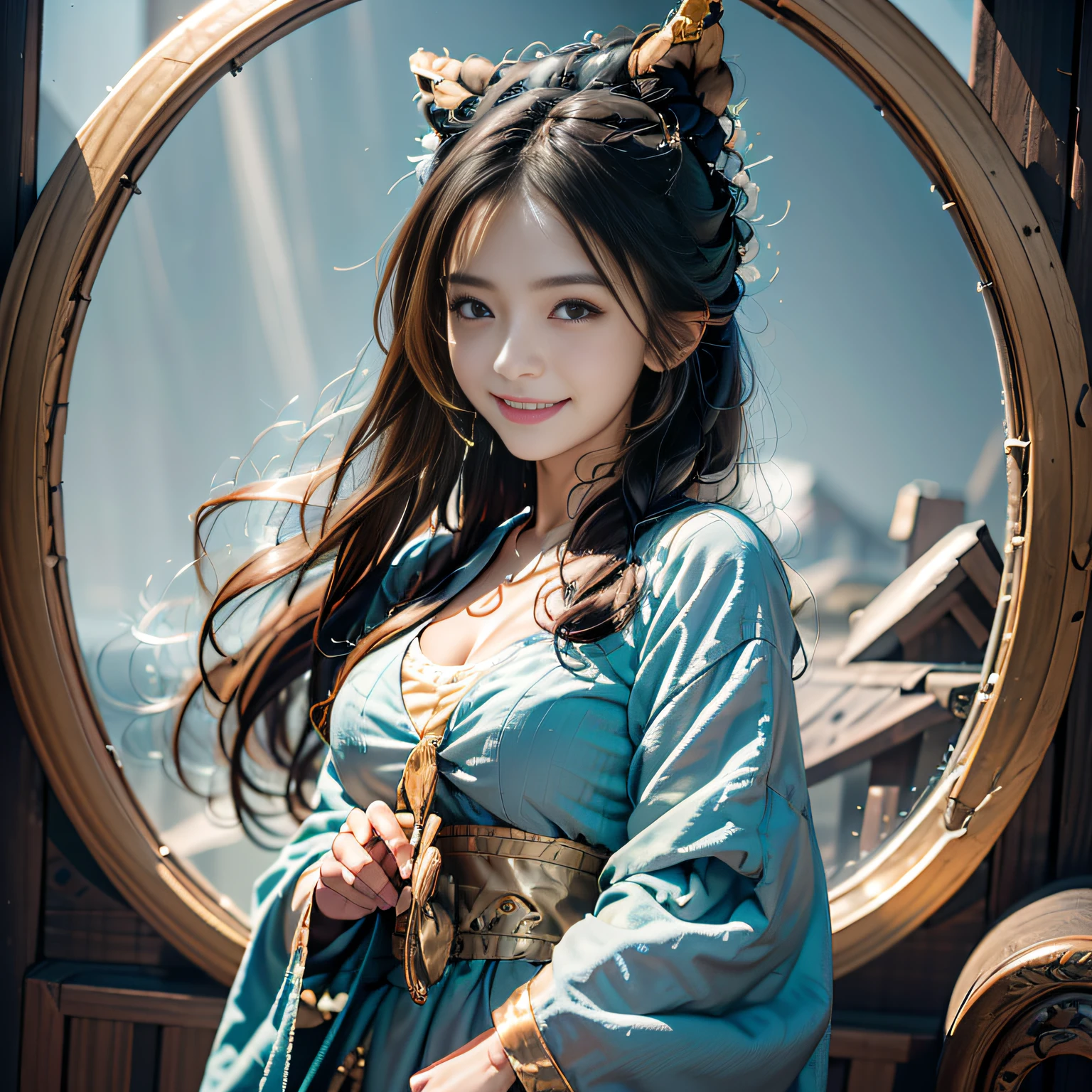 A girl in a blue dress and watch stands on top of a hill,standing atop a mountain peak,standing atop a mountain peak, Hair flutters in the wind,Hair flutters in the wind,Hair flutters in the wind.,She raised her head slightly, Her arms were open. She was carrying a small backpack, Dynamic volume lighting illuminates her face in great detail. She has black hair that reaches to her shoulders, It blows in the wind. She had a big smile on her face, Her eyes were filled with joy. She has double eyelids.