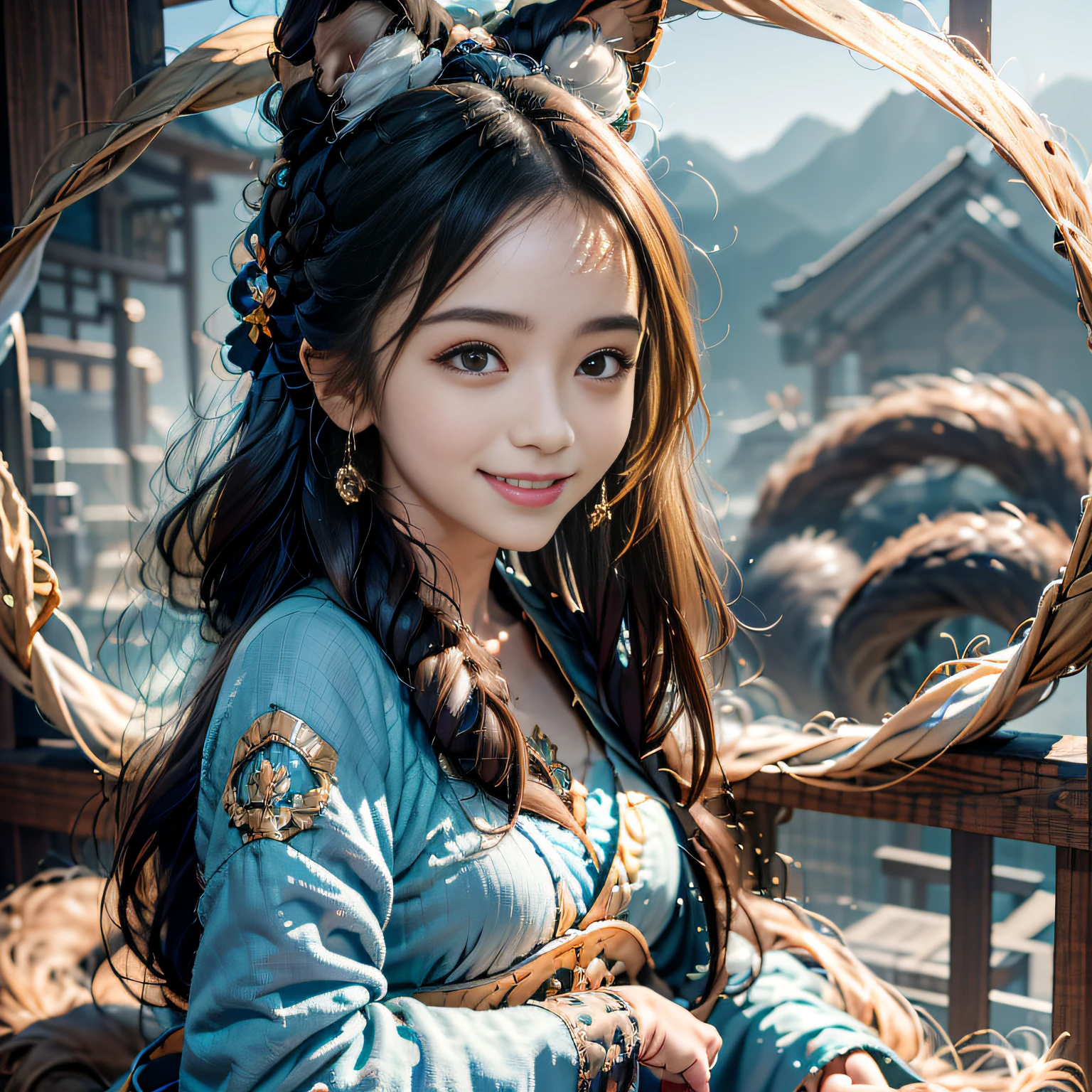 A girl in a blue dress and watch stands on top of a hill,standing atop a mountain peak,standing atop a mountain peak, Hair flutters in the wind,Hair flutters in the wind,Hair flutters in the wind.,She raised her head slightly, Her arms were open. She was carrying a small backpack, Dynamic volume lighting illuminates her face in great detail. She has black hair that reaches to her shoulders, It blows in the wind. She had a big smile on her face, Her eyes were filled with joy. She has double eyelids.