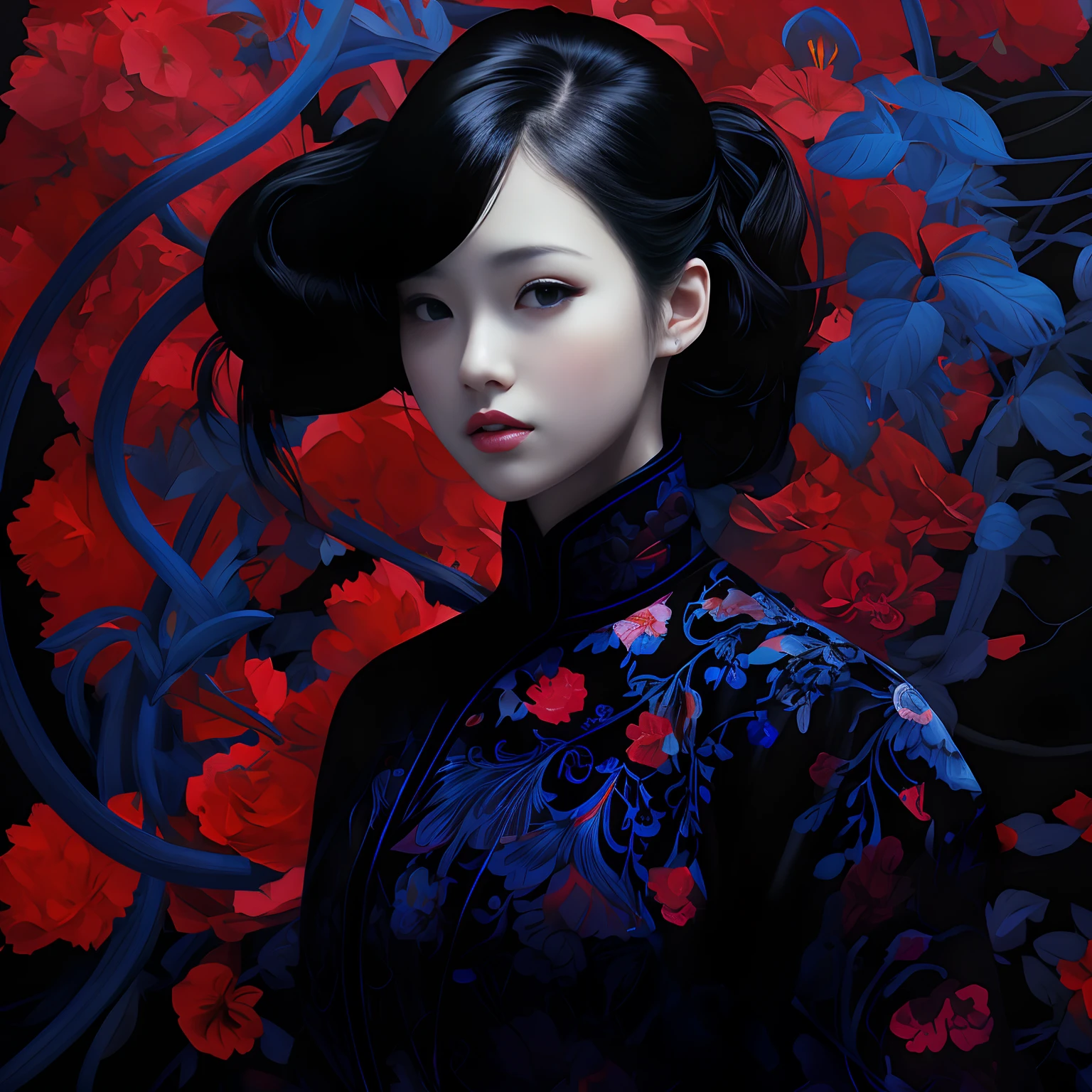 Beautiful girl in blue and red、masterpiece、hightquality