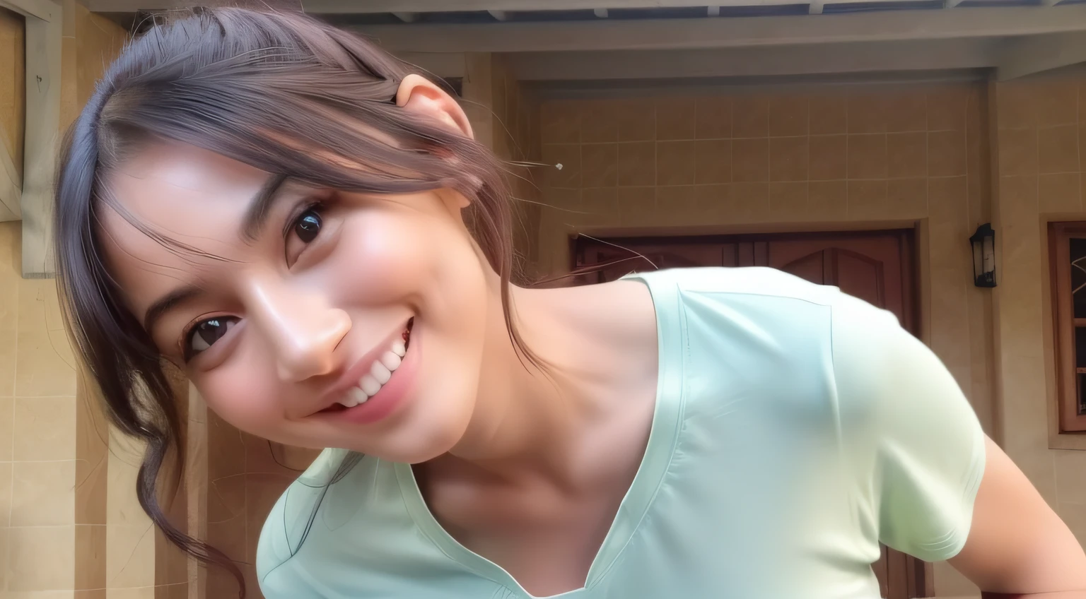 (8k, RAW photo, best quality, masterpiece:1.2), (realistic, photo-realistic:1.37), ultra-detailed, ultra high res,1 girl,looking at viewer,beautiful detailed face,smile,narrow,(slim waist:1.3),shirt, dynamic color, beautiful detailed skin, skin texture, floating hair,professional lighting. Girl personality: Confident, Ambitious, Energetic, Impulsive, Independent