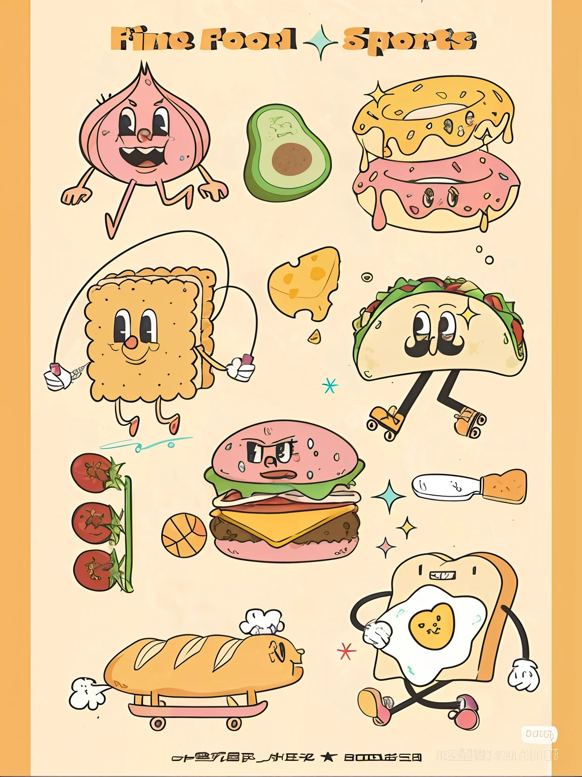 There are various food items on it, hand painted cartoon art style, Glitter,Amazing food illustration, cartoonish vector style, bread type pokemon, stickers illustrations, Cute characters, cartoon network style, Cartoon style illustration, Cartoon Art Style, anime food, made with illustrator, food particles