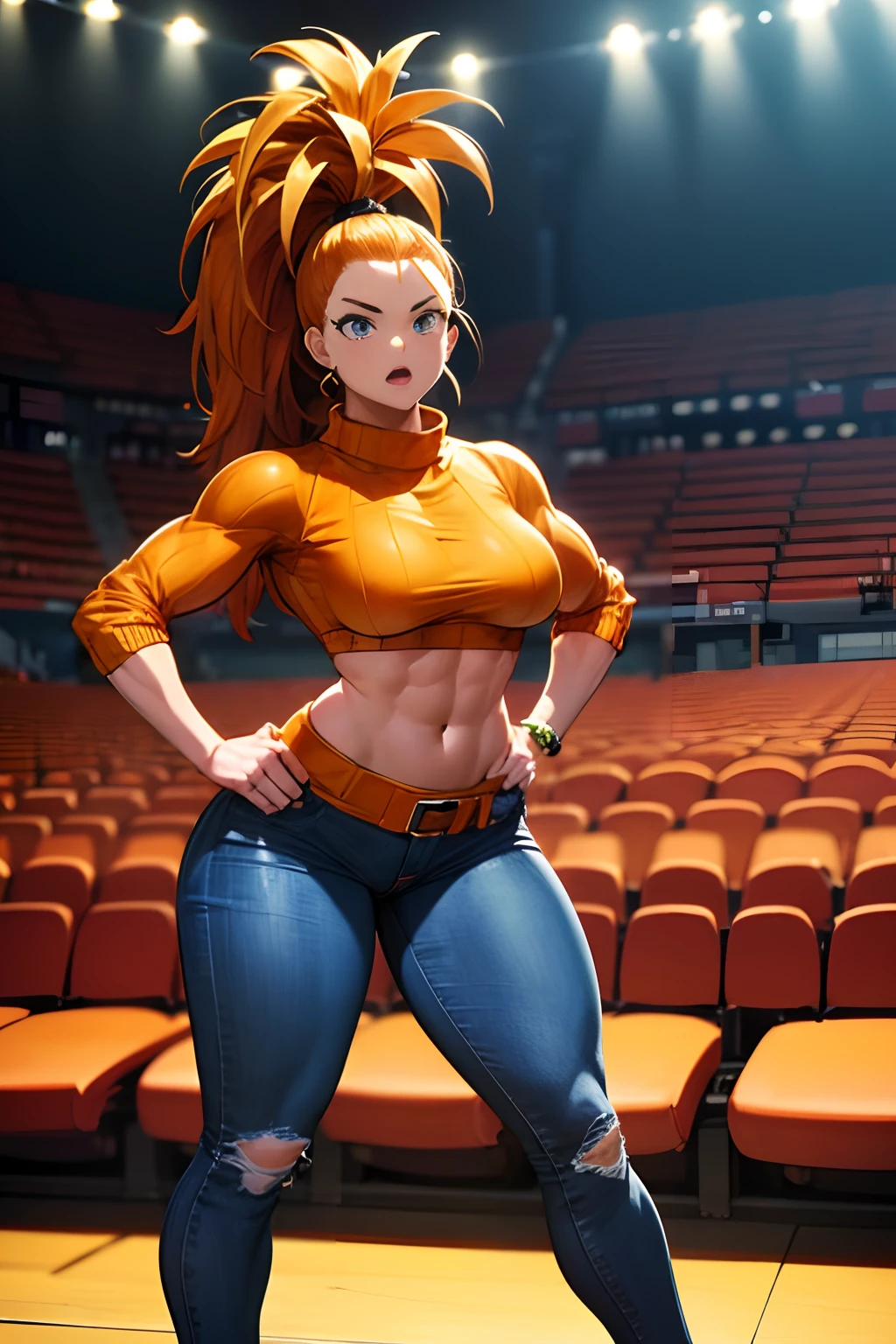 (crowd, stadium, audience, flashing lights:1.2), (rim lighting), (detailed face:1.1), 1girl, solo, angry, furious, captain mizuki, one-punch man, highres, muscular female, muscular, orange hair, full body, high ponytail, long hair, thick thighs, (sweater, jeans:1.3)