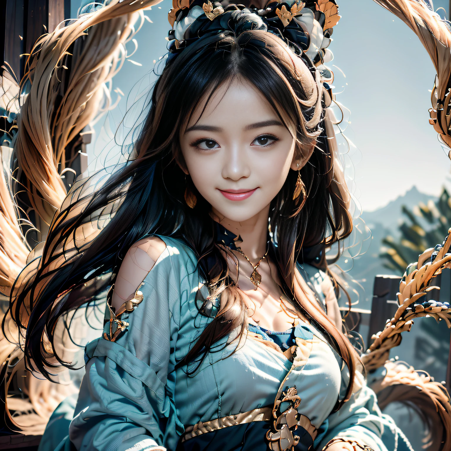 A girl in a blue dress and watch stands on top of a hill，standing atop a mountain peak，standing atop a mountain peak， Hair flutters in the wind，Hair flutters in the wind，Hair flutters in the wind.，She raised her head slightly, Her arms were open. She was carrying a small backpack, Dynamic volume lighting illuminates her face in great detail. She has black hair that reaches to her shoulders, It blows in the wind. She had a big smile on her face, Her eyes were filled with joy. She has double eyelids.
