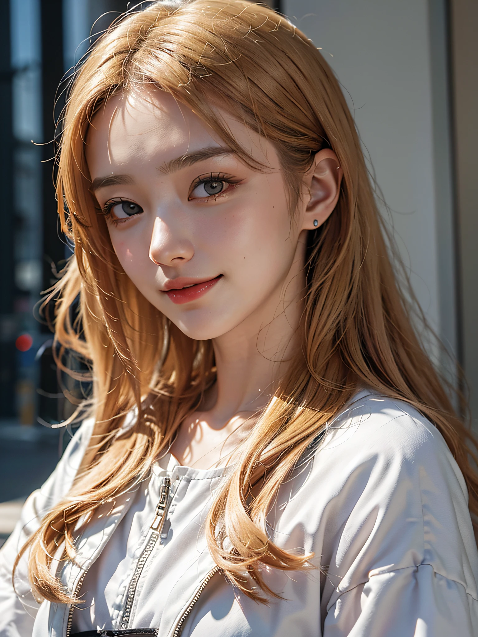 top-quality、超A high resolution、(in 8K、Raw photo、Photorealsitic:1.4)、de pele branca、Real Human Skin、(Detailed eyes)、oval-face、One woman as beautiful as a goddess、Slimed、(Gentle, Goddess-like smile:1.3)、(Happiness:1.2)、(lipgloss、Lashes、Gloss Face:1.2)、beautiful blond hair、(jaket:1.2)、White Fashion Shirt:1.1、Cityscape、Wide range of lighting、Natural Shading