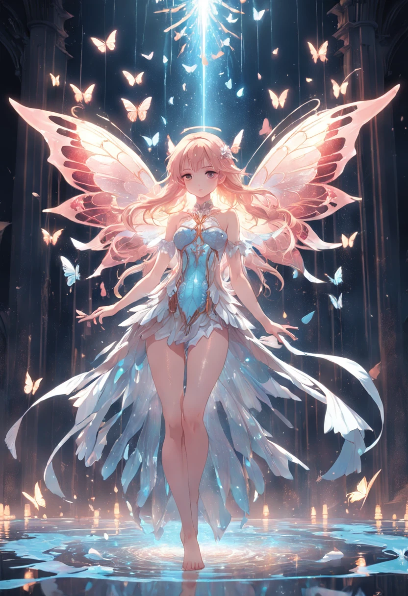 Holy Light Butterfly Angel Girl,Butterfly wings,Chest shooting(mcu),in the style of rococo pastel hues,light white and light red,Incredibly beautiful,SakuraNS,sparkling water reflections,combine,Flowing,hyper realisitc,painting of a,aethereal,Elsa Burda,stockphoto,Elements of mixed reality and fantasy,Ray traching,Intricate patterns,delicate linework,Pressed crystals,Exquisite hands
