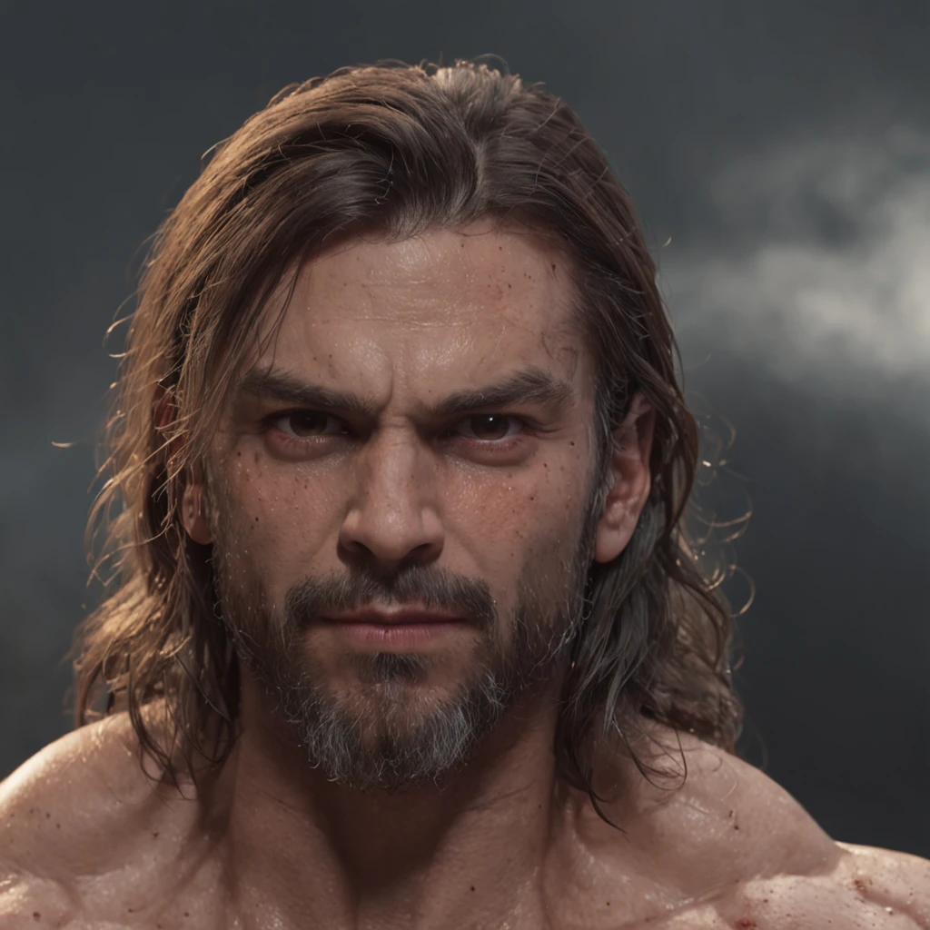 (Professional 3D rendering:1.3) de (Realistic:1.3) Foto de arte mais bonita do mundo,Features soft, bright male heroes, ((Epic hero fantasy rough muscular man wet hero angry look long hair short beard and fierce expression in dynamic pose, fantastic location, majestoso ambiente desordenado)), corpo inteiro 8k unidade render, action shot, poros da pele, very dark lighting, sombreamento pesado, circunstanciado, Rosto detalhado, (vibrante, fotogrdeia realista, Realistic, Dramatic, Escuro, foco nítido, 8k), (Old leather clothes damaged by bad weather:1.4), ((((Use peles)))), (intrincado:1.4), decadente, (altamente detalhado:1.4), pintura digital, rendering by octane, art stations, Conceito-Arte, liso, foco nítido, illustration, germe da arte, (Loish:0.23), Wlop Ilya Kuvshinov, e Greg Rutkowski e Alphonse Mucha Gracias, (global ilumination, studiolight, Light Volumetric), chuva forte, floating particles, patife, fantasia, Onze, corpo inteiroesbian, ((Fundo escuro e antigo da cidade:1.3)),CGSesociedade,art stations