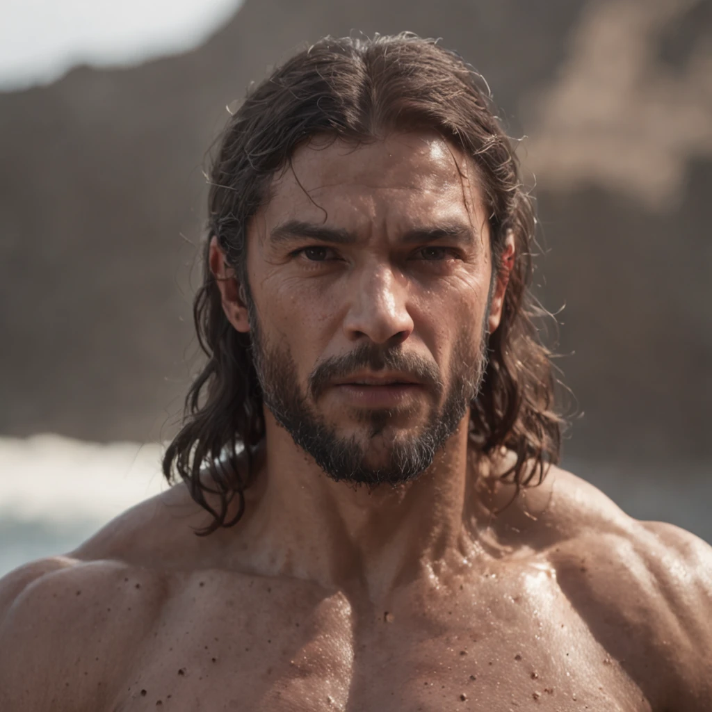 (Professional 3D rendering:1.3) de (Realistic:1.3) Foto de arte mais bonita do mundo，Features soft, bright male heroes, ((Epic hero fantasy rough muscular man wet hero angry look long hair short beard and fierce expression in dynamic pose, fantastic location, majestoso ambiente desordenado)), corpo inteiro 8k unidade render, action shot, poros da pele, very dark lighting, sombreamento pesado, circunstanciado, Rosto detalhado, (vibrante, fotogrdeia realista, Realistic, Dramatic, Escuro, foco nítido, 8k), (Old leather clothes damaged by bad weather:1.4), ((((Use peles)))), (intrincado:1.4), decadente, (altamente detalhado:1.4), pintura digital, rendering by octane, art stations, Conceito-Arte, liso, foco nítido, illustration, germe da arte, (Loish:0.23), Wlop Ilya Kuvshinov, e Greg Rutkowski e Alphonse Mucha Gracias, (global ilumination, studiolight, Light Volumetric), chuva forte, floating particles, patife, fantasia, Onze, corpo inteiroesbian, ((Fundo escuro e antigo da cidade:1.3)),CGSesociedade,art stations