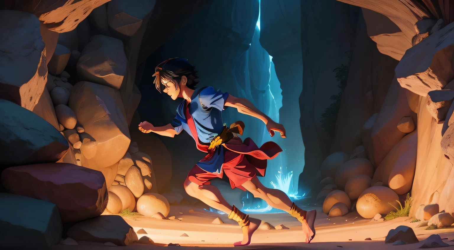 animesque、Diagram of Aladdin looking from the side as he sneaks into a cave where treasures sleep.