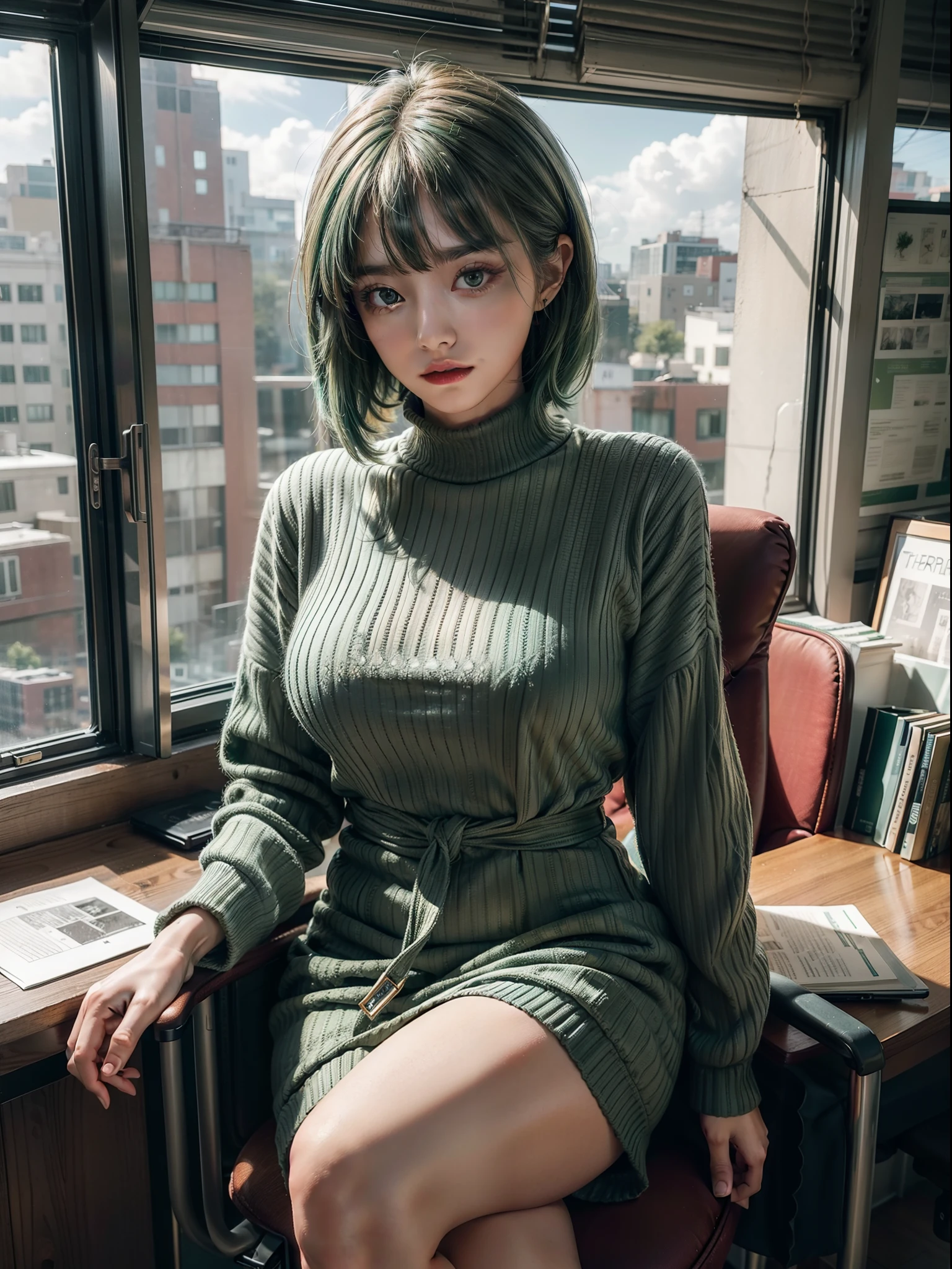 Masterpiece, intricate detail, 8k. Hires, ultra detailed, Woman, bobs (green hair), office outfit, sitting on the chair, office room
