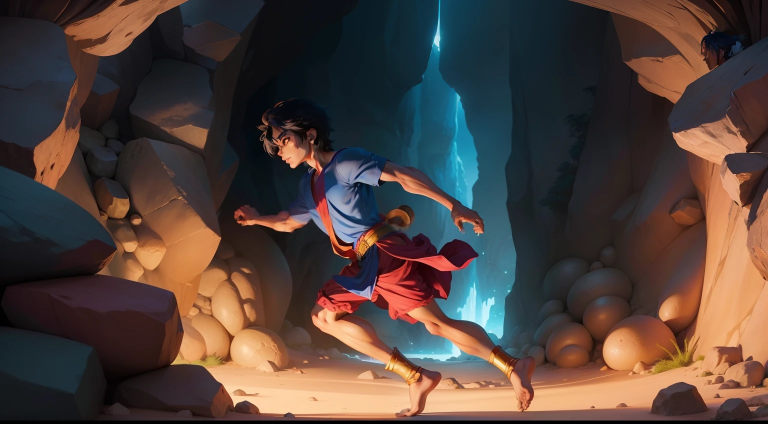animesque、Diagram of Aladdin looking from the side as he sneaks into a cave where treasures sleep.
