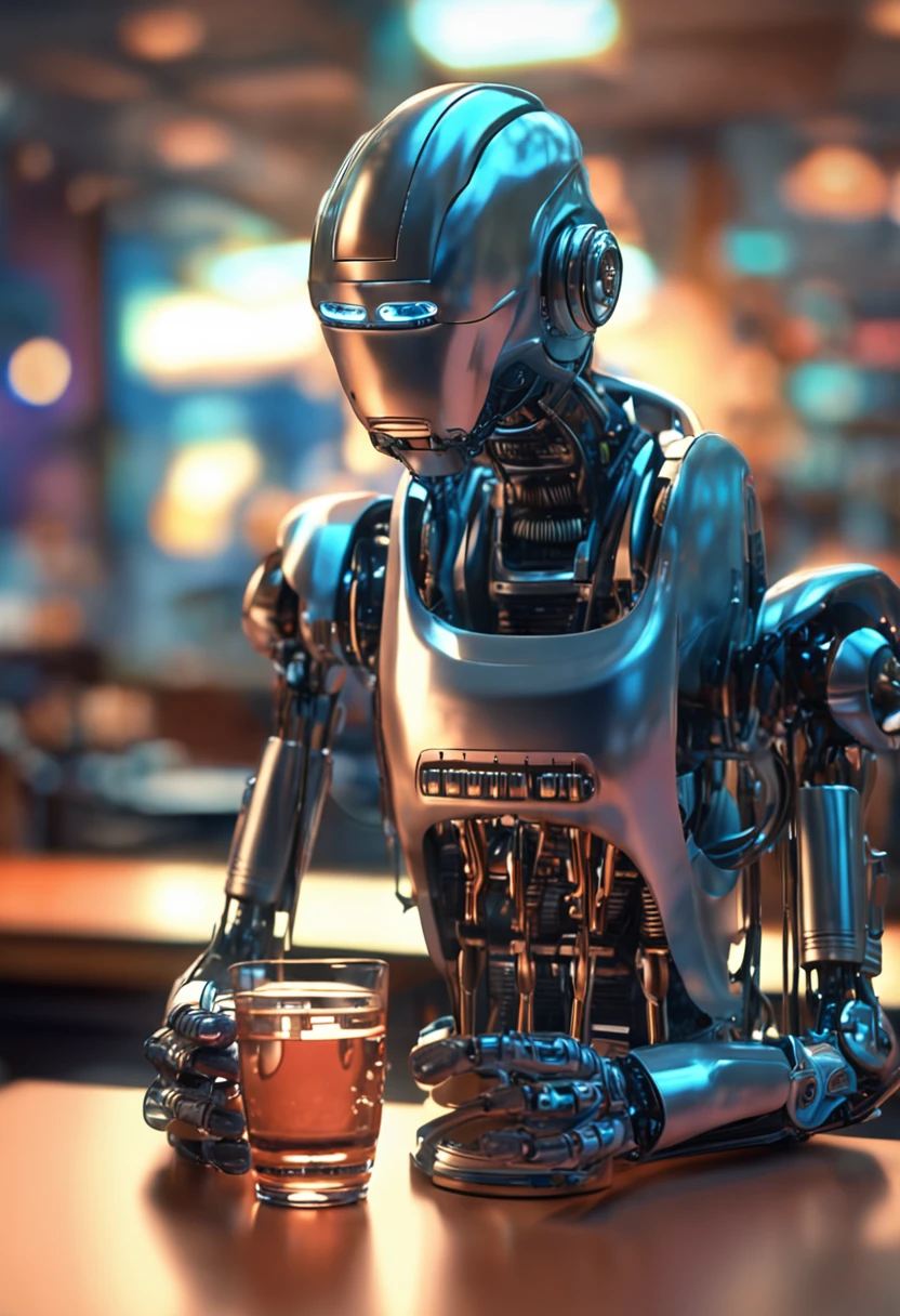 A robot drinking water，In the café，depth of fields，photorealestic，c4d