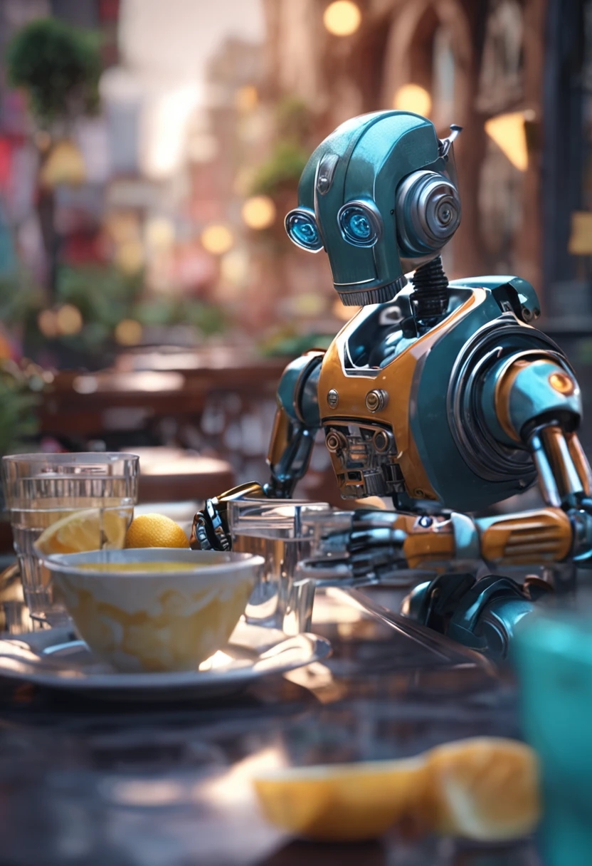 A robot drinking water,In the café,depth of fields,photorealestic,c4d