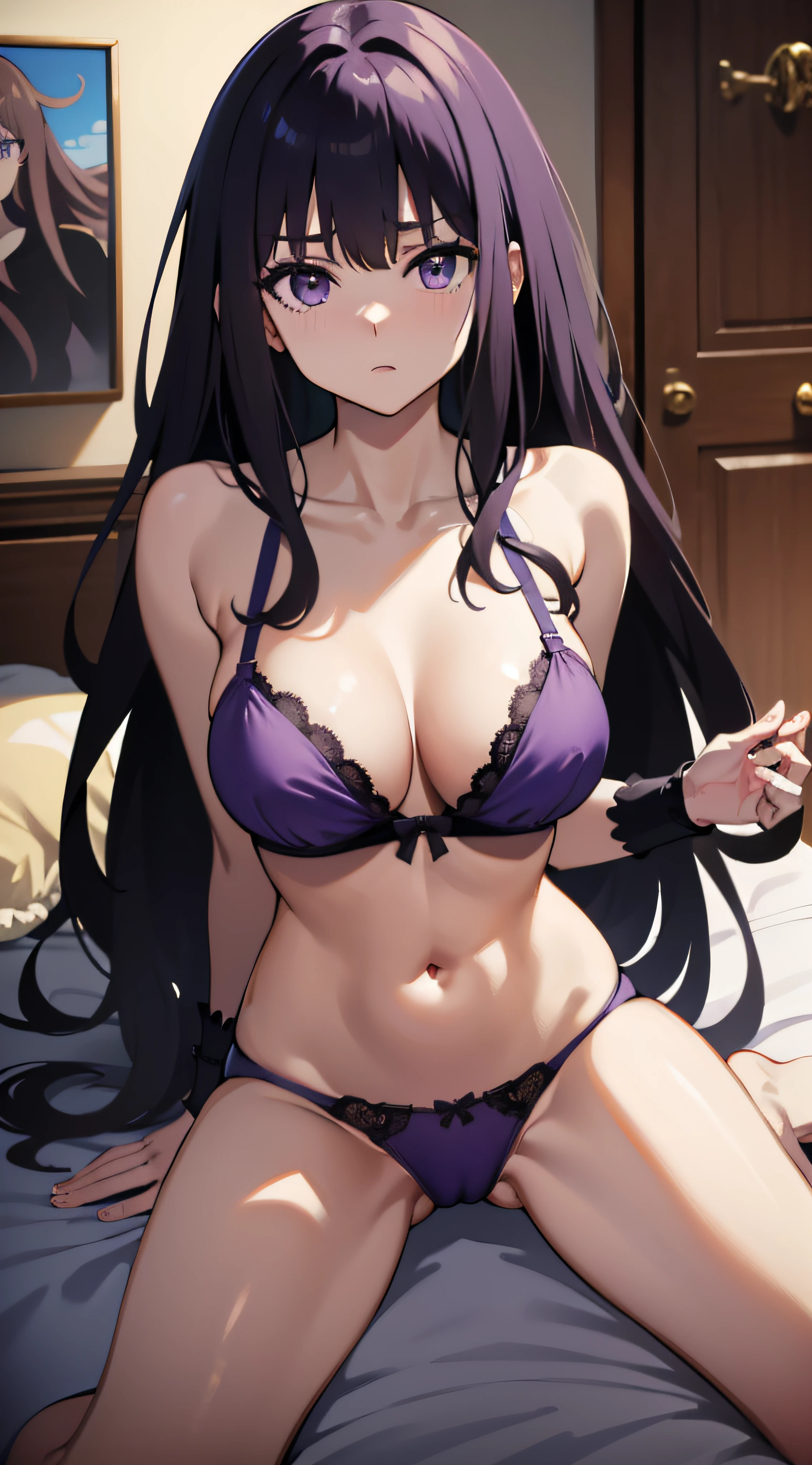(masterpiece, best quality),Inoue Takina, Long hair, Bangs, Black hair, (Purple eyes:1.2), big breasts, bikini, bra, panties, indoor, bedroom, dynamic pose