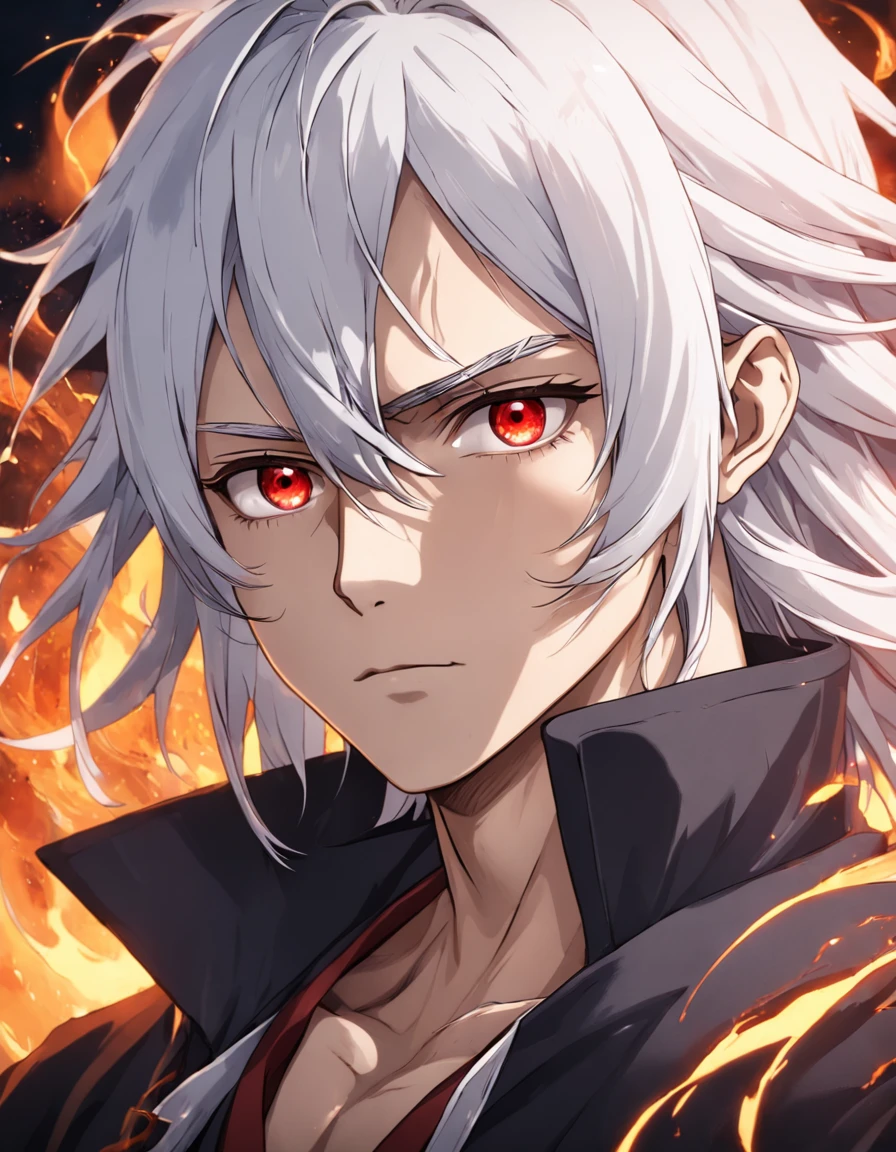 male people, white hair, long hair, red eyes, mysterious storyline, fire magic, masterpiece, best quality, ultra detailed, Detailed face, Detailed eyes, mysterious storyline, Vibrant colors, 32K resolution, Excellent painting in extreme detail, Ultra foto realism
